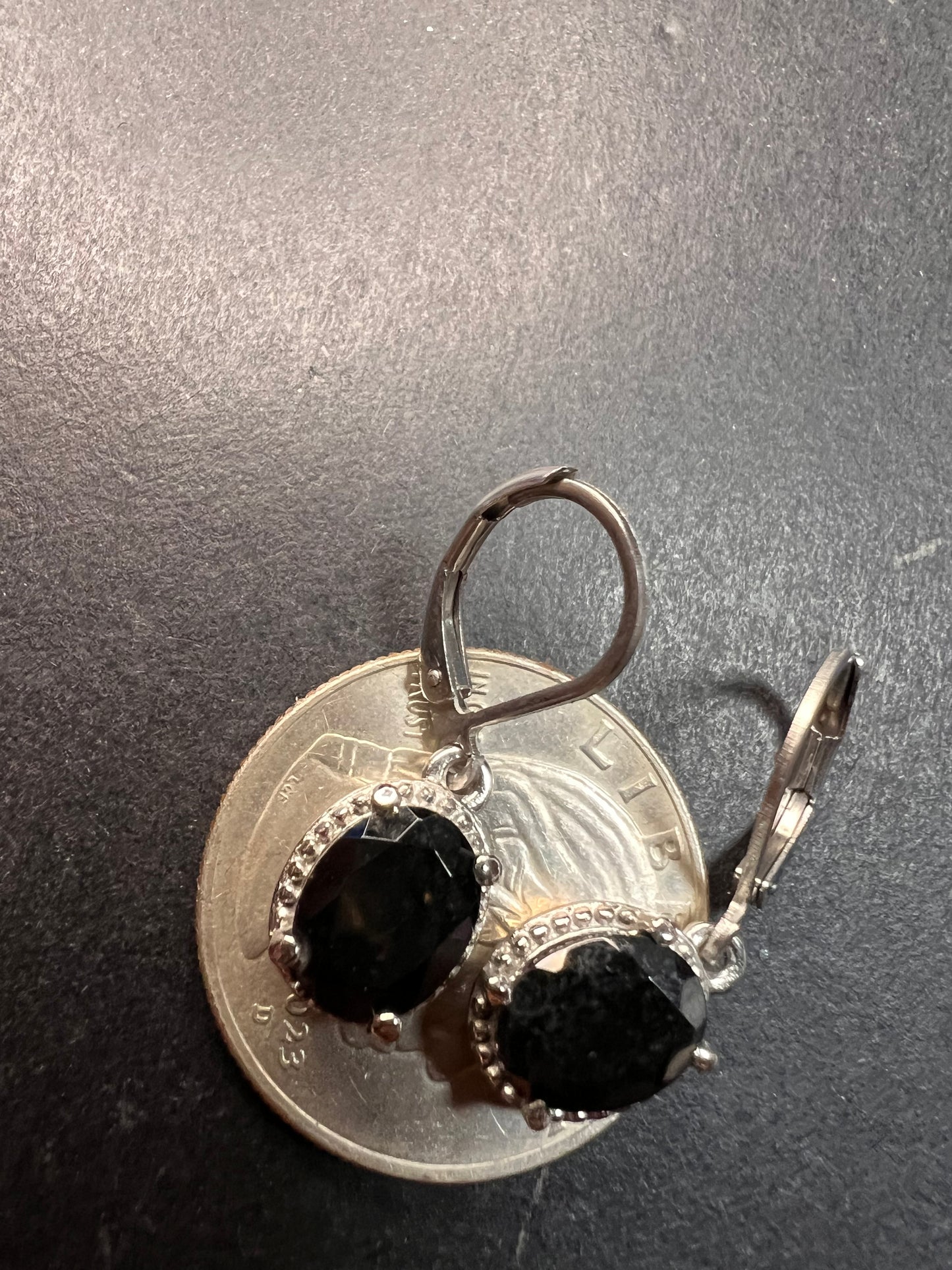 NEW black tourmaline lever back stainless steel earrings