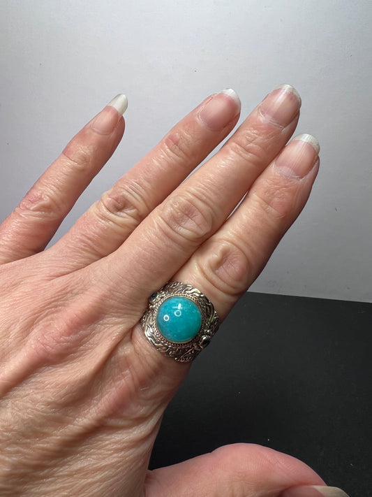 Sarda Peruvian amazonite and London blue topaz sterling silver statement ring size 9