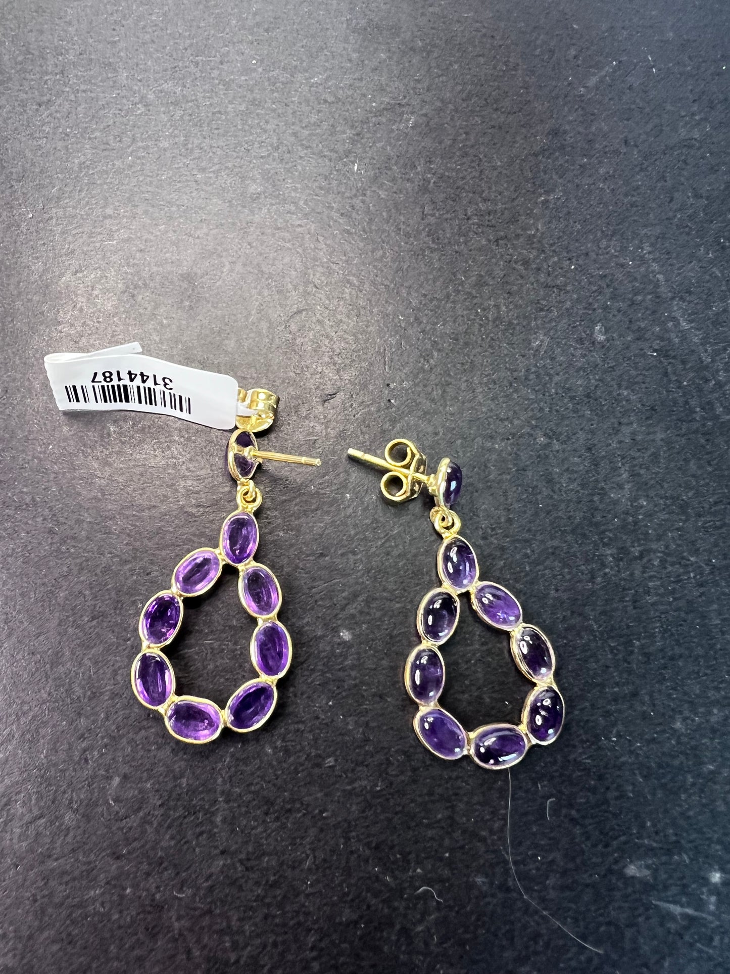 New amethyst teardrop hoop earrings in 18k gold over sterling silver