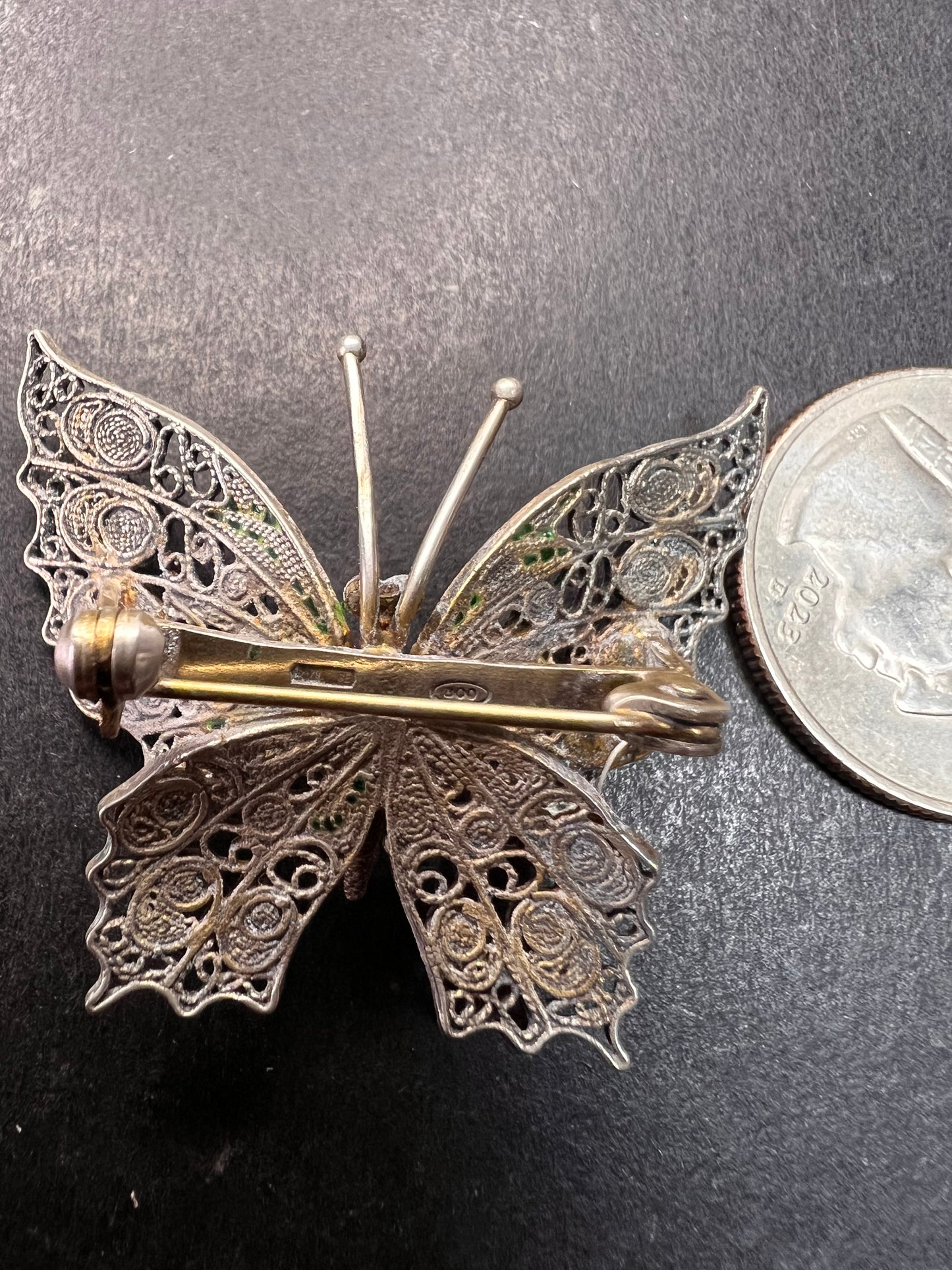 Vintage Alieti Adriana 800 silver Italian enameled filigree butterfly brooch pin