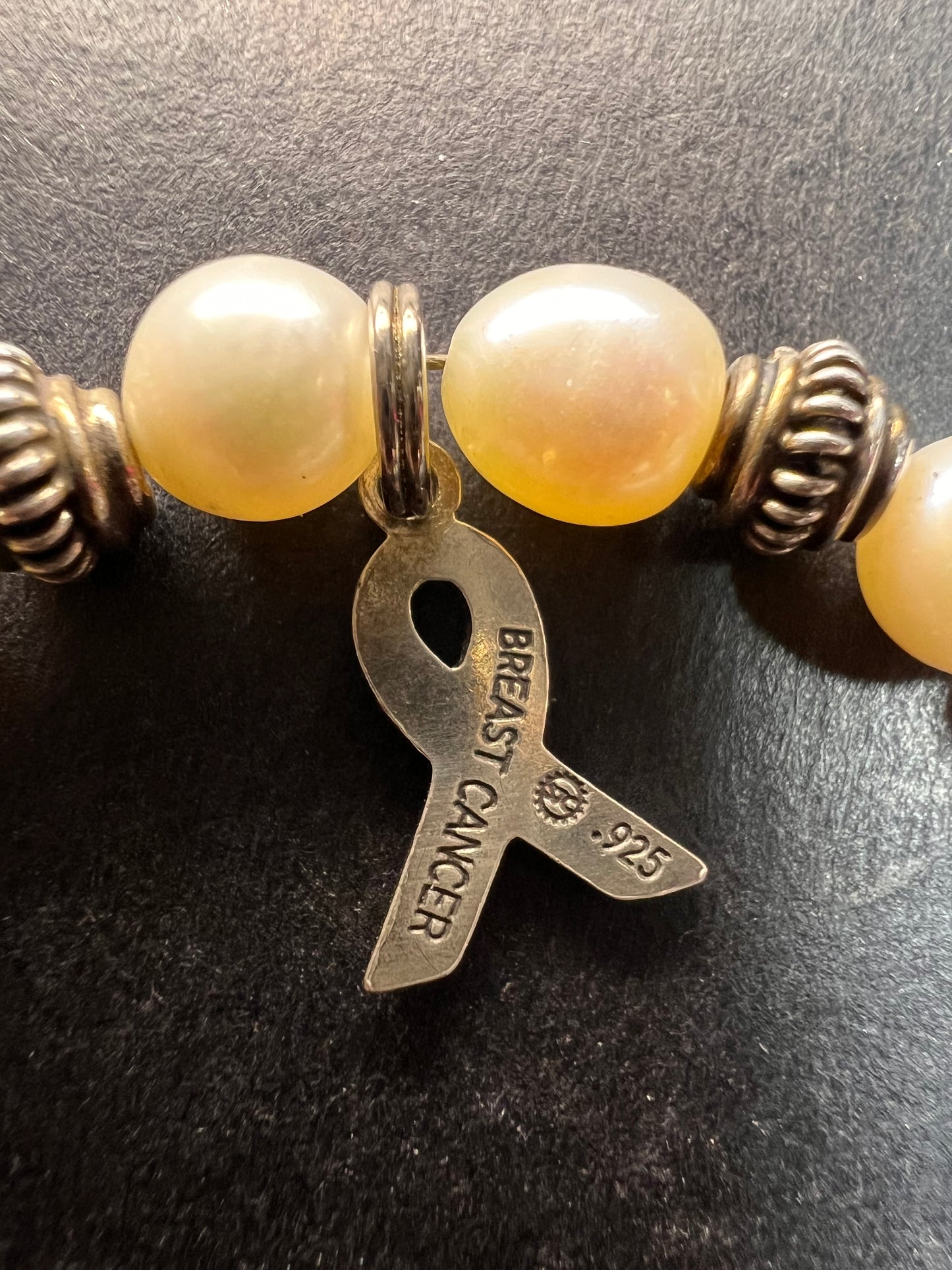 Vintage rose quartz, freshwater pearls, and sterling silver breast cancer awareness bracelet