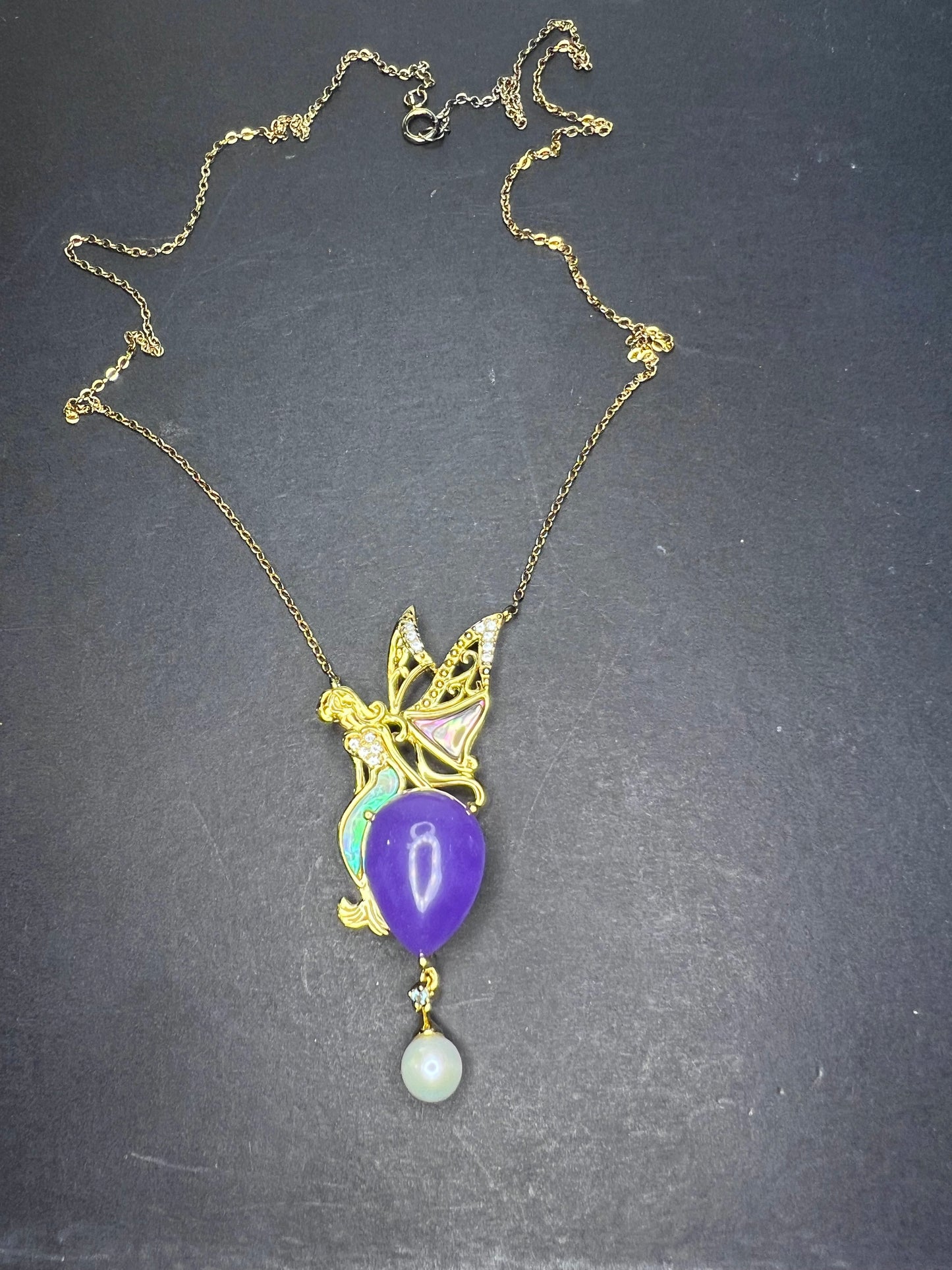 Fairy mermaid lavender jadeite , abalone and pearl pendant and chain necklace in gold over sterling silver.