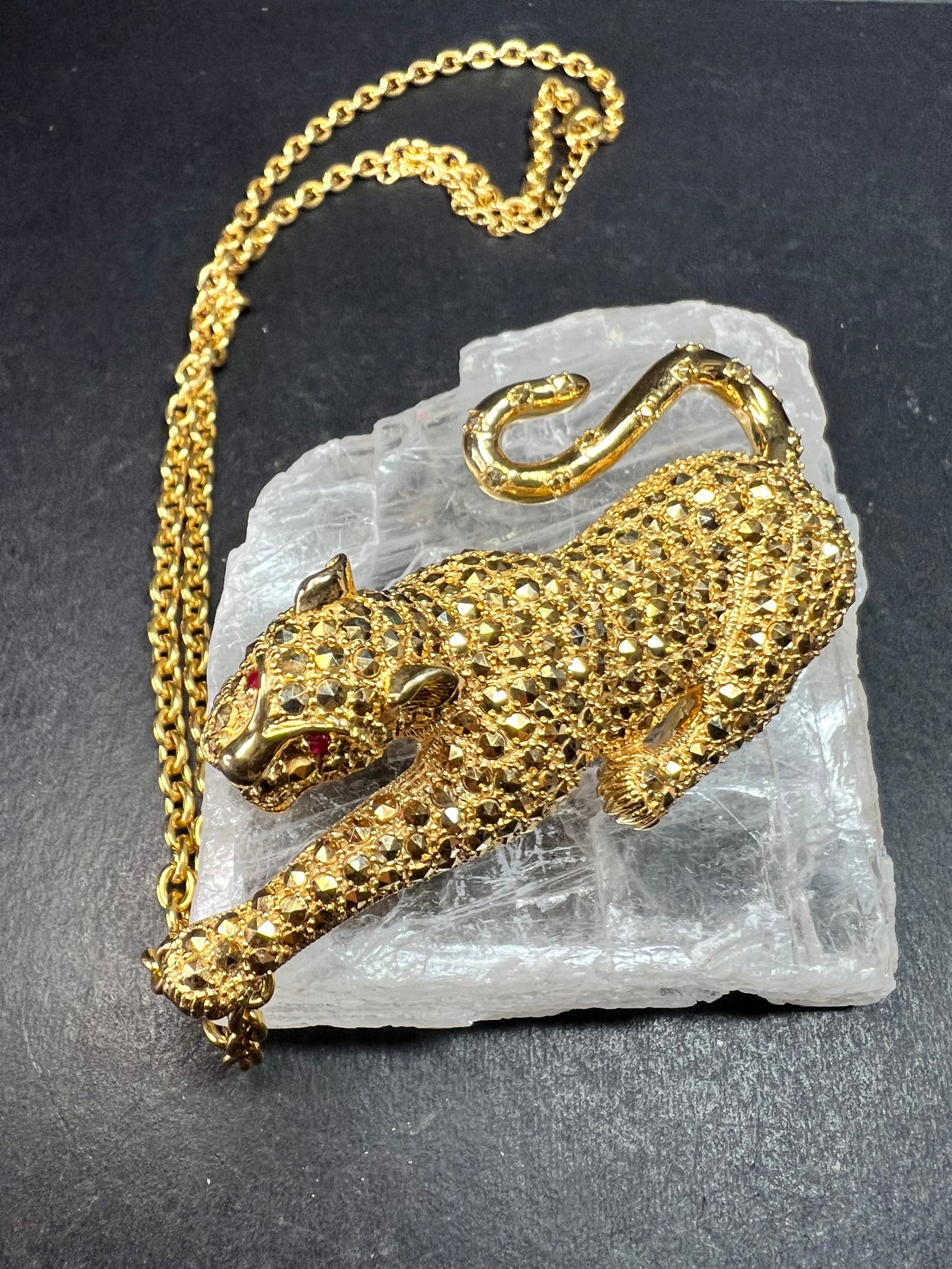 Dallas Prince 14K Clad Marcasite Panther Necklace Ruby Eyes 18-20