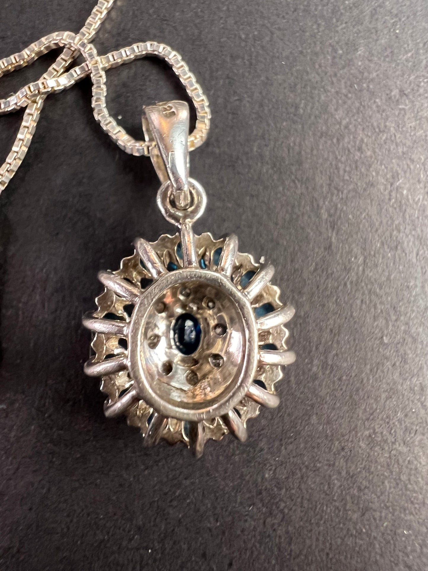 Vintage 925 Sterling Silver Blue Apatite & Diamond Halo Pendant Necklace