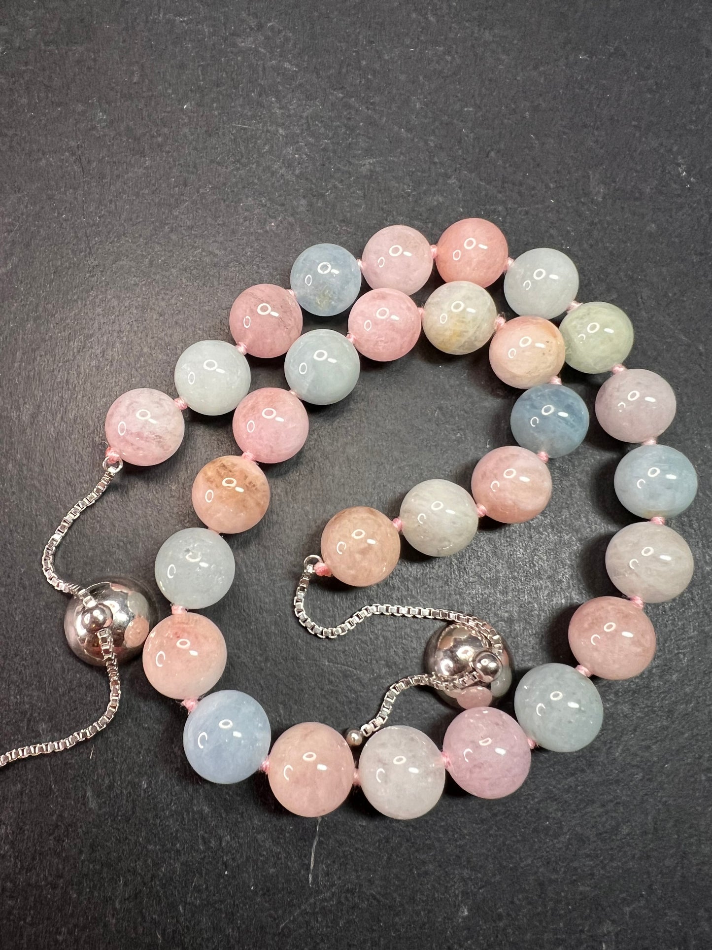 Modern Multi Beryl Bolo Necklace 12mm Morganite Aquamarine Sterling