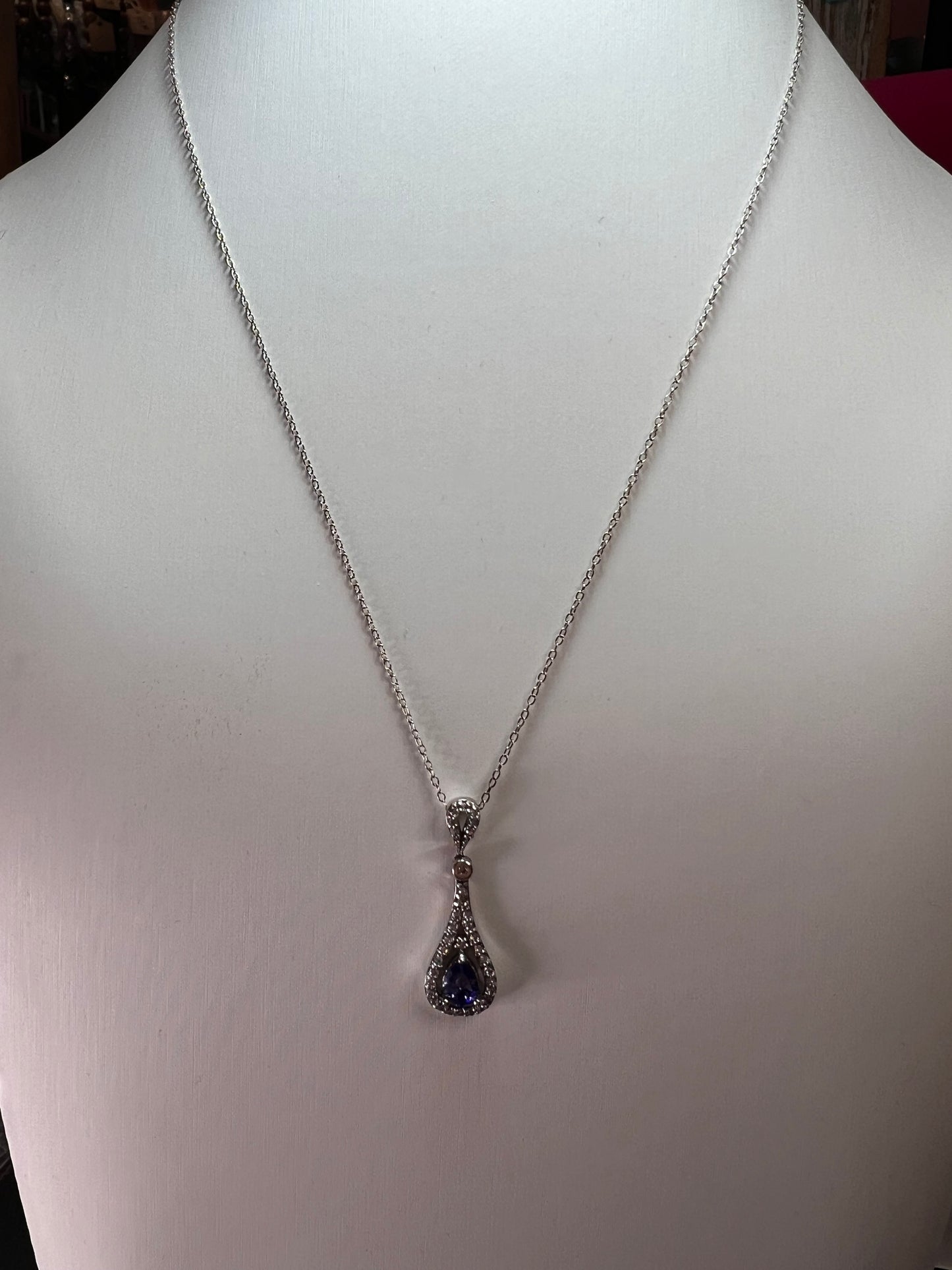 Tanzanite colored CZ teardrop pendant and chain necklace