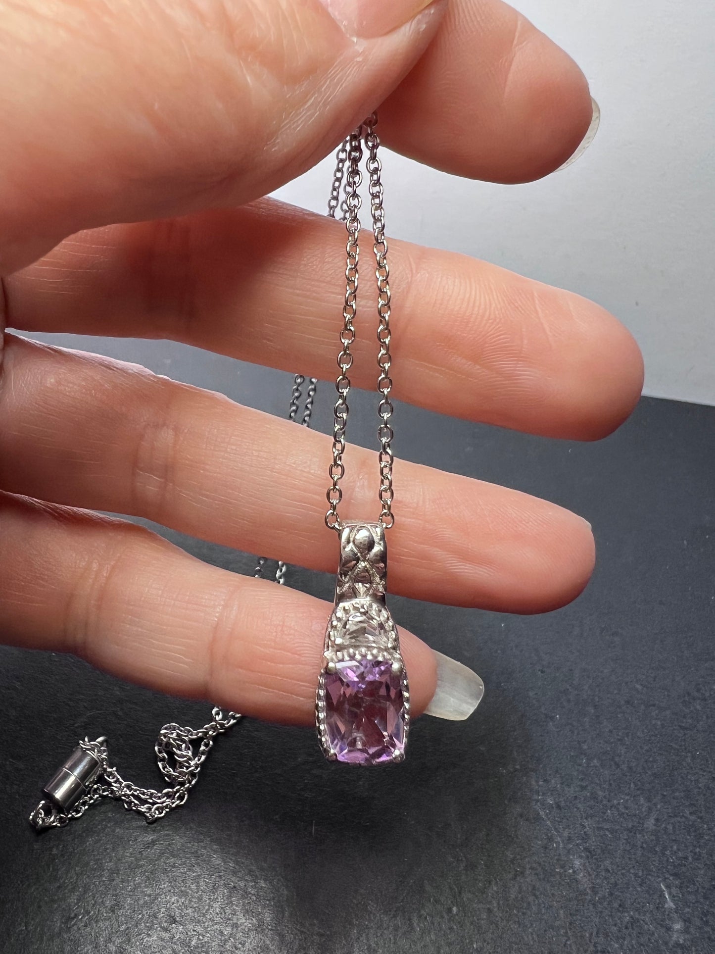 Rose de France amethyst and white topaz sterling silver pendant with stainless steel chain