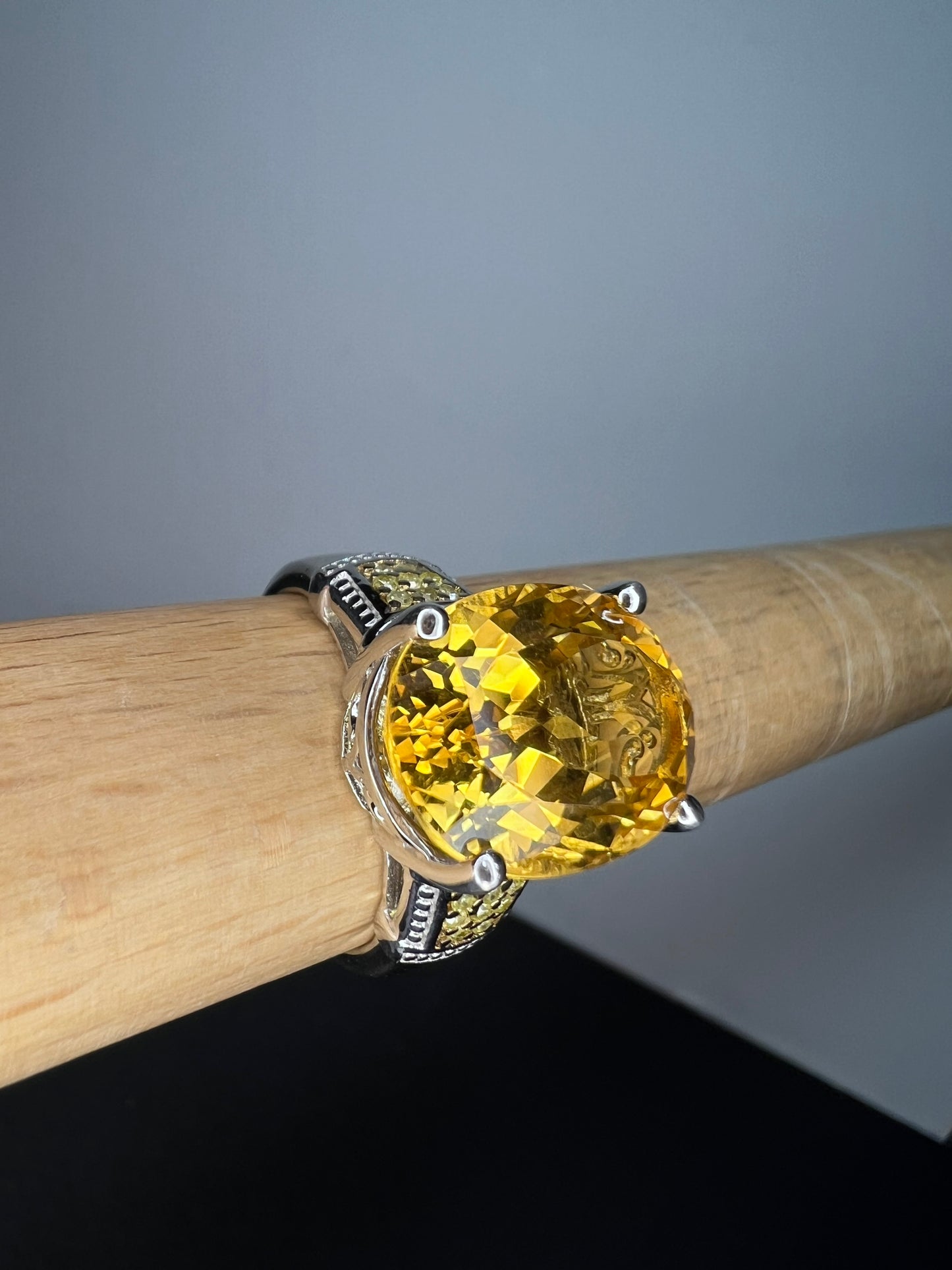 Citrine and yellow diamond ring in sterling silver size 10. 7.55 ctw