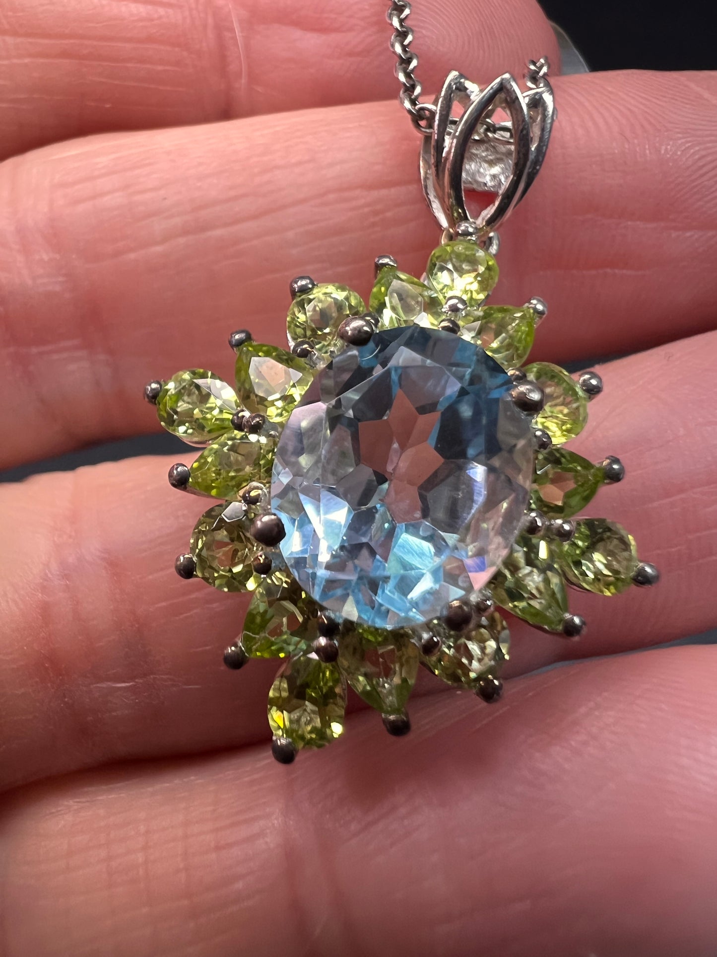 Vintage Blue Topaz & Peridot Sunburst Pendant Necklace – HT Sterling Silver