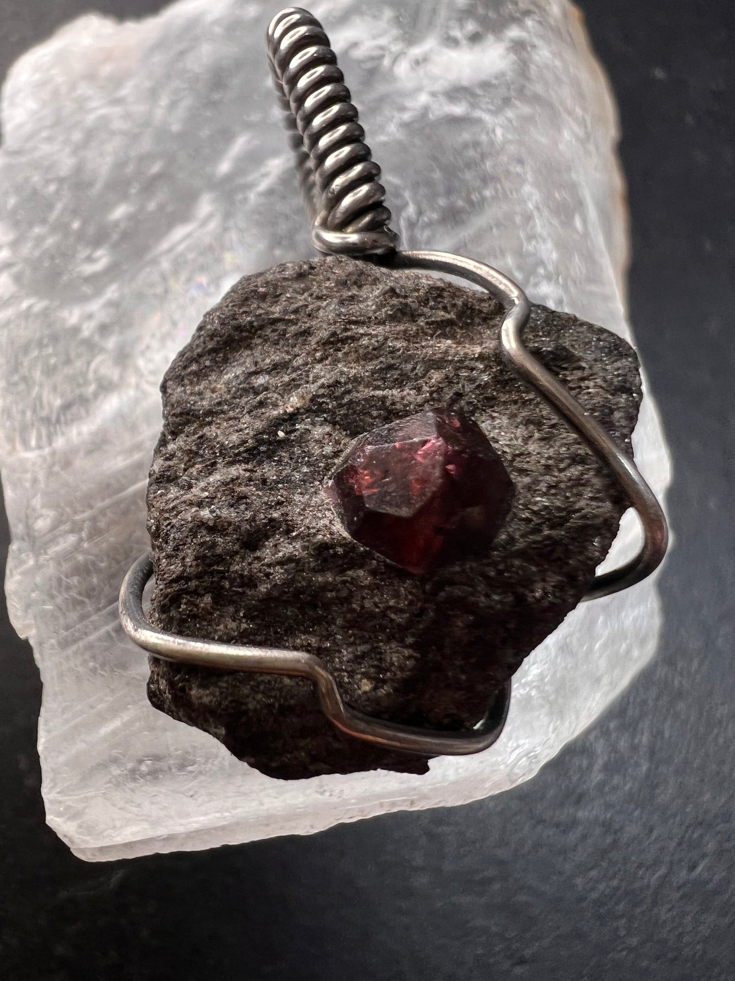 Vintage Sterling Silver Wrapped Rough Garnet in Schist Matrix Pendant