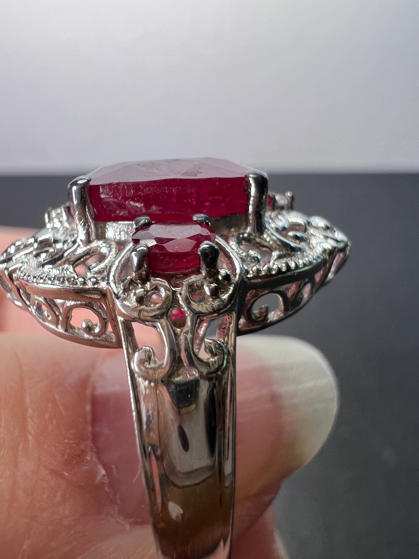 Ruby and white topaz sterling silver cocktail ring size 9