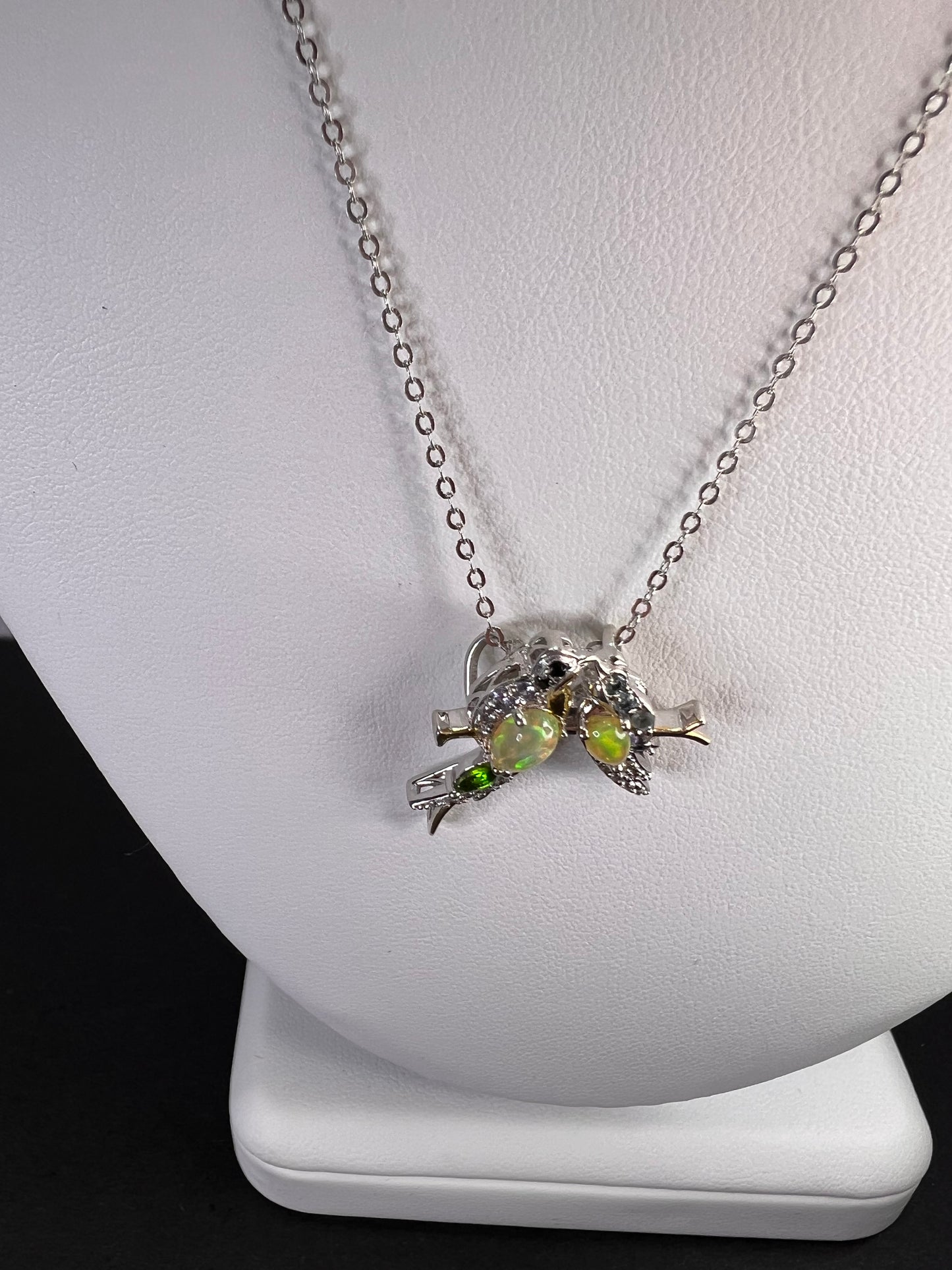 Ethiopian opal love birds multi gemstone two toned pendant and chain in gold and rhodium over sterling silver