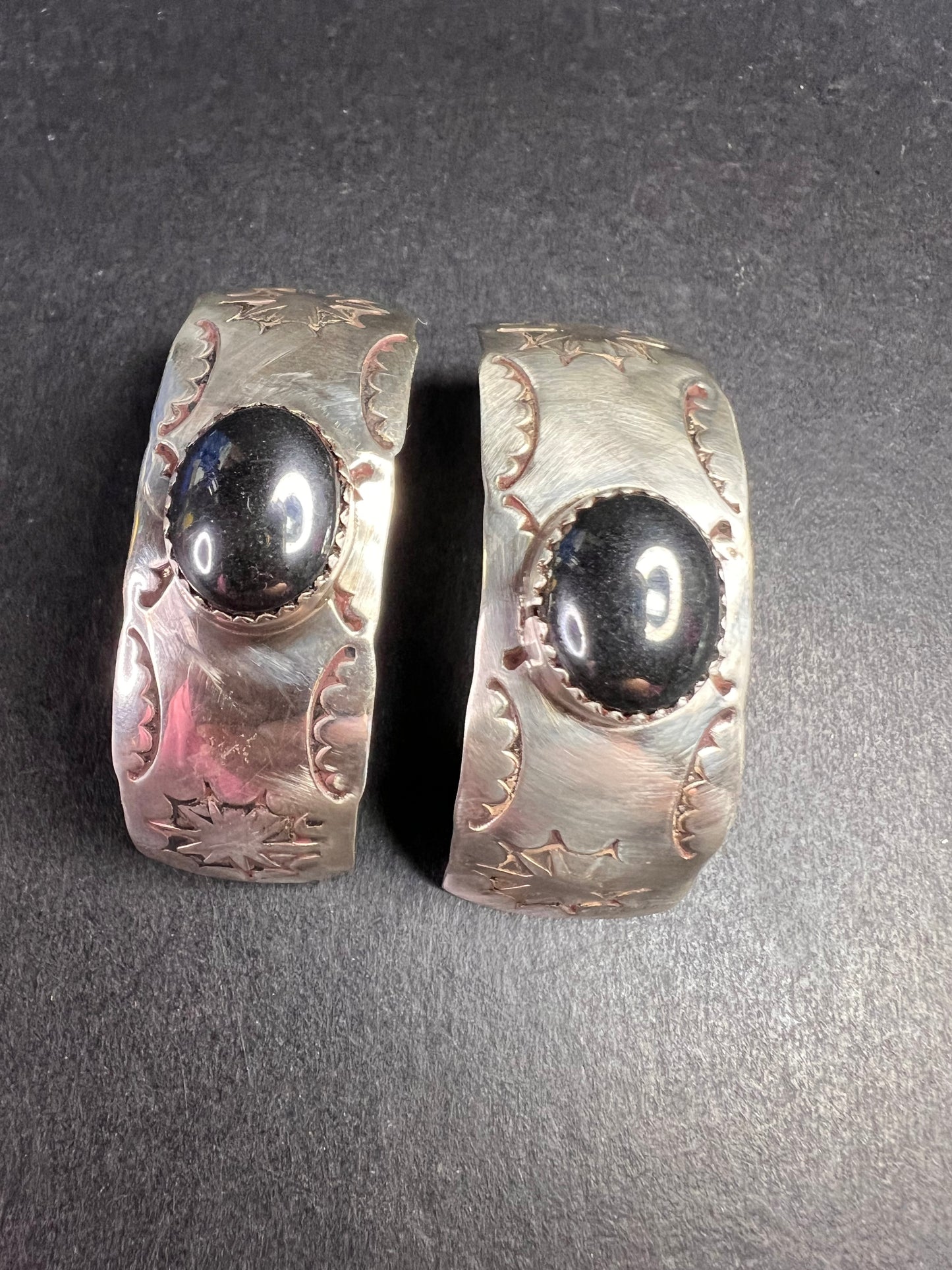 Vintage Sterling Silver Hematite Wide Band Post Earrings Southwestern Handmade