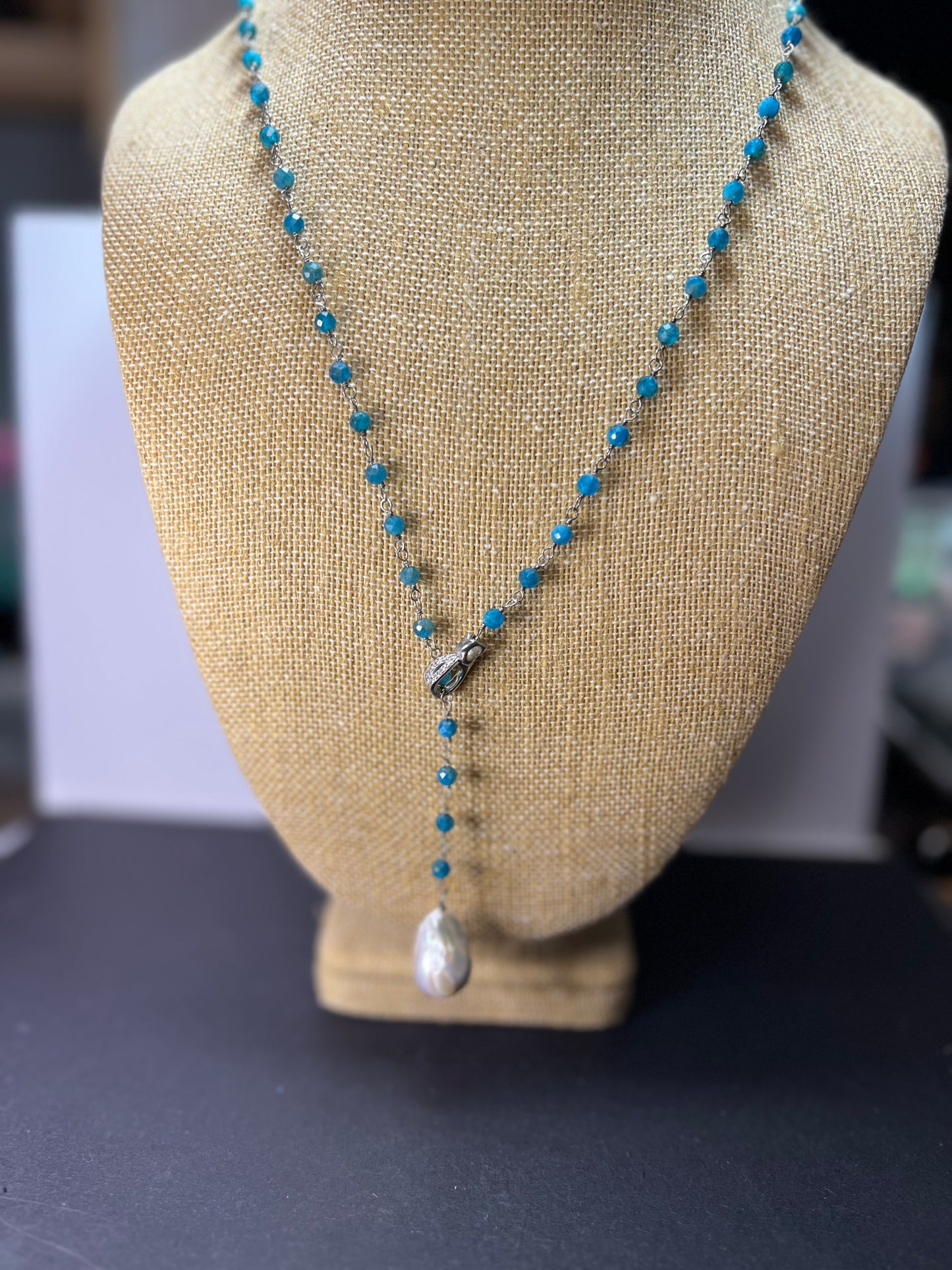 Blue apatite baroque pearl lariat sterling silver necklace