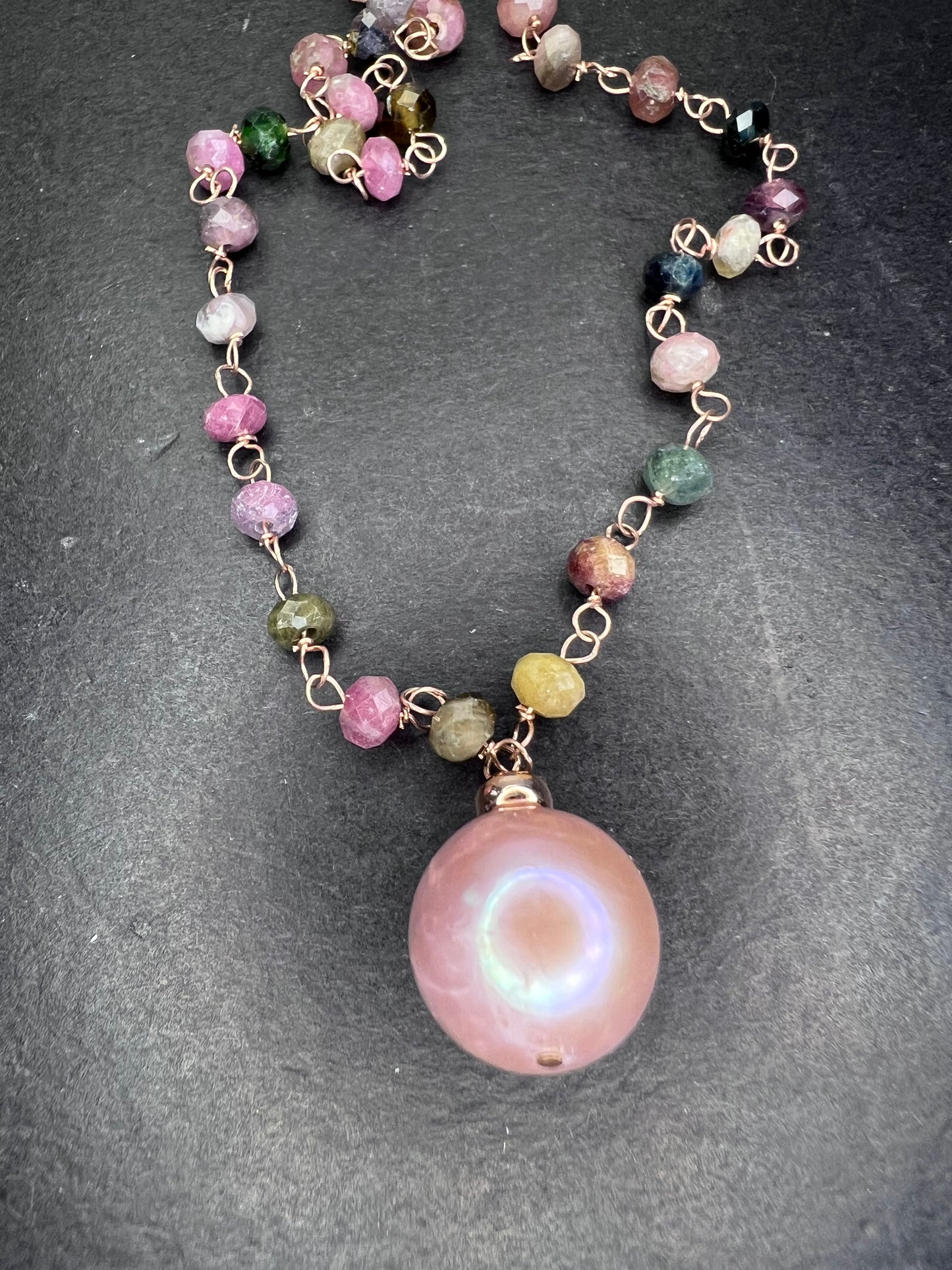 12-12.5mm Pink Cultured Freshwater Pearl & Tourmaline 18k Rose Gold Over Silver 18 Inch Necklace