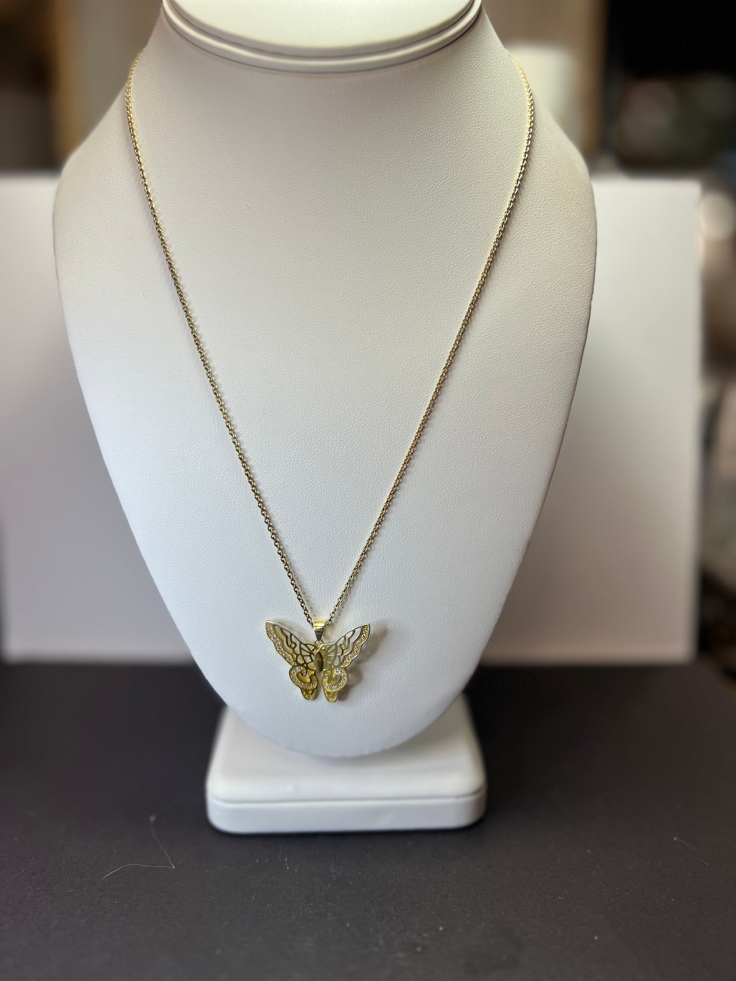 Butterfly CZ gold over sterling silver pendant and chain necklace