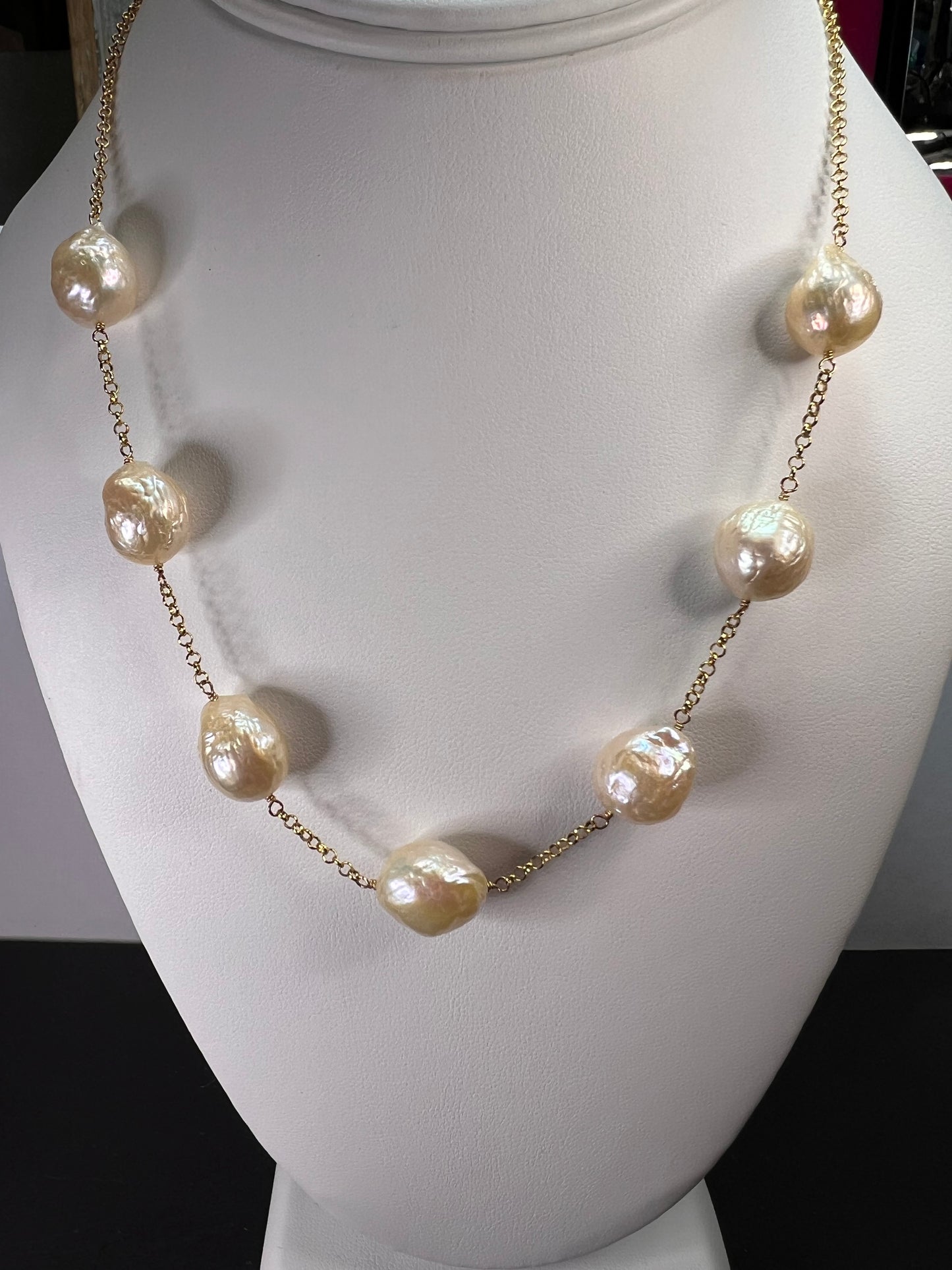 13-15mm baroque pearl station necklace in gold over sterling silver