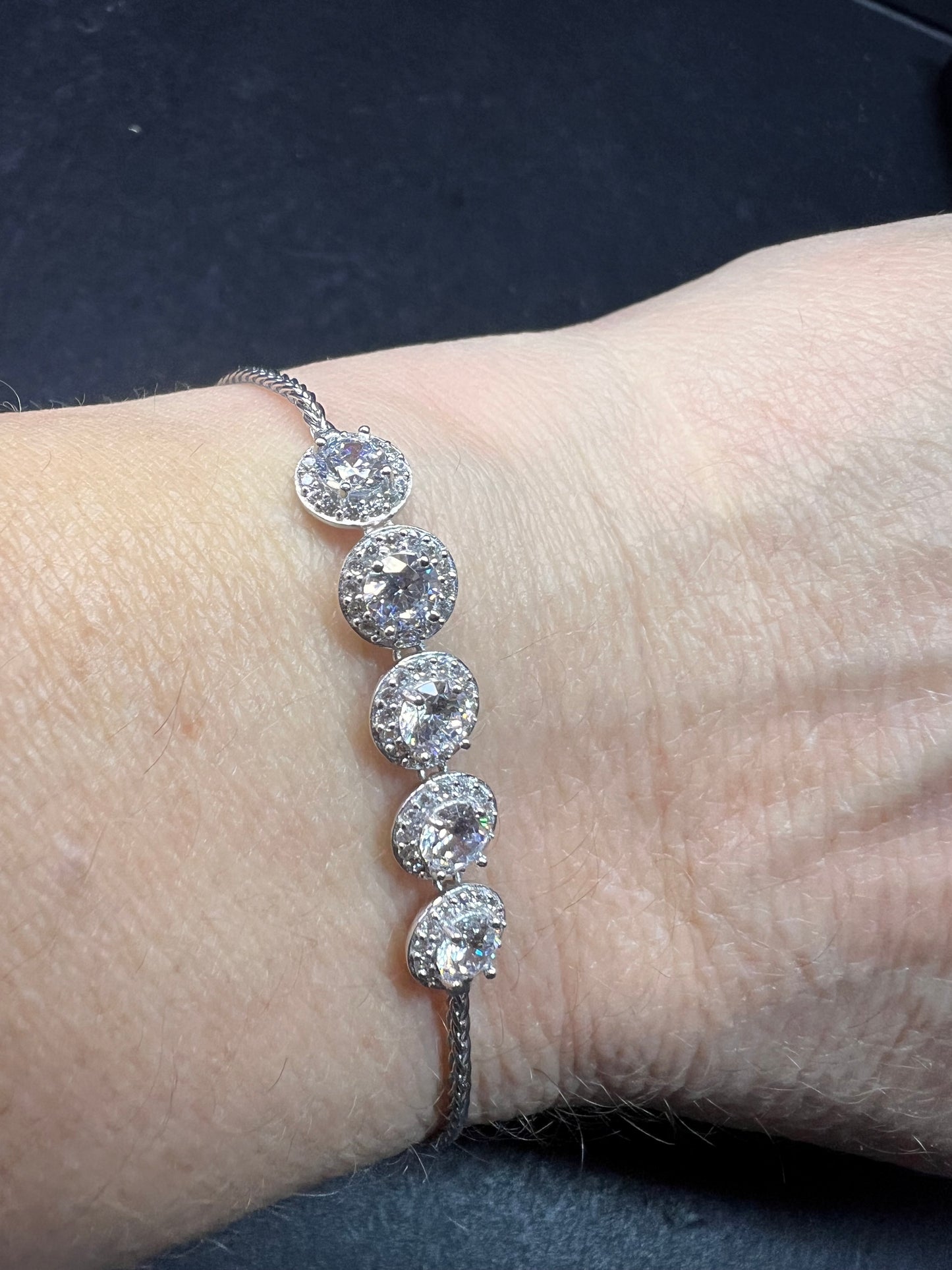Sterling Silver CZ Halo Bolo Bracelet Adjustable Sparkle Slider Bracelet