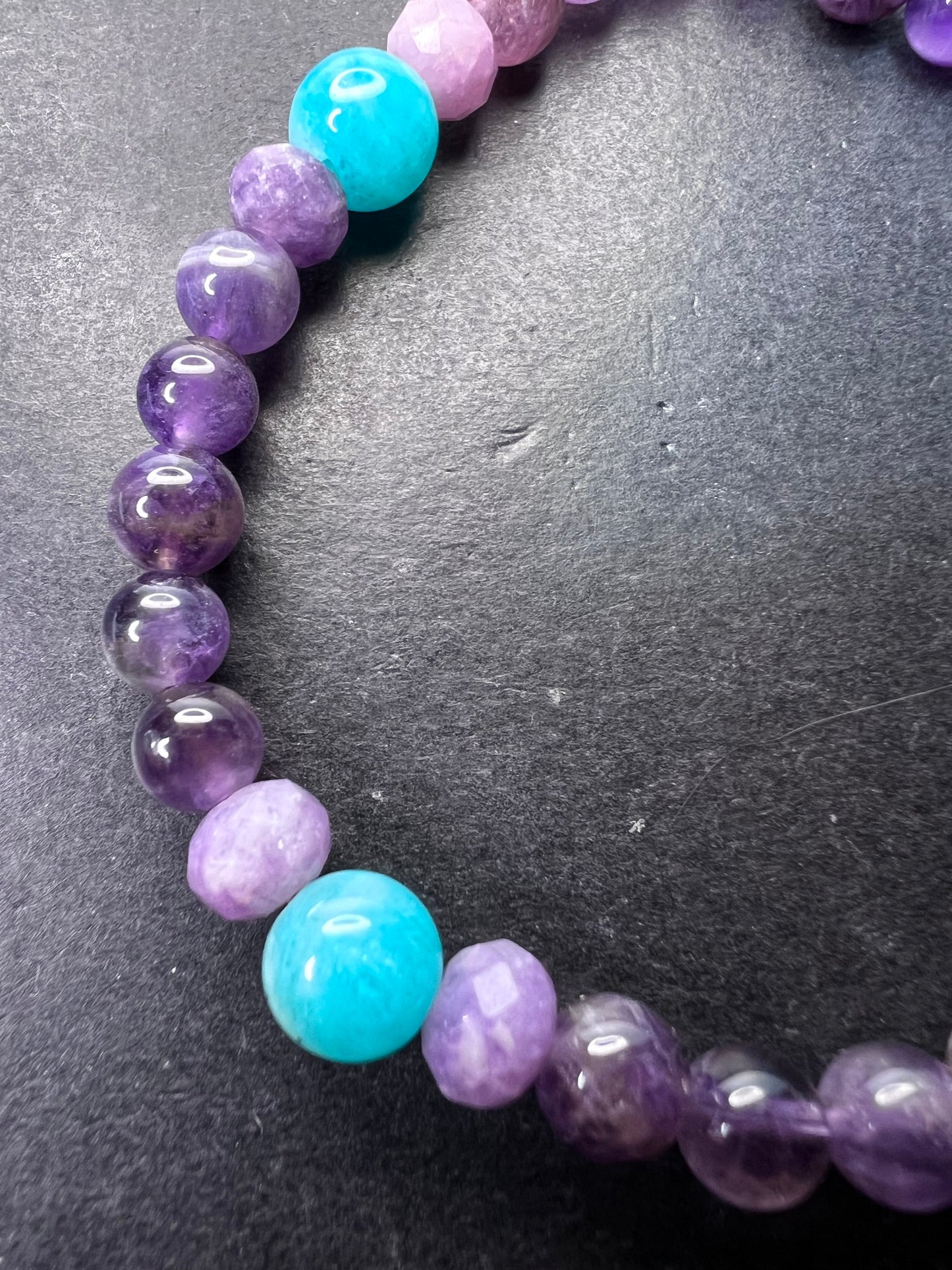 Amethyst, lepidolite, and Peruvian amazonite stretch cord bracelet for 7 inch wrist