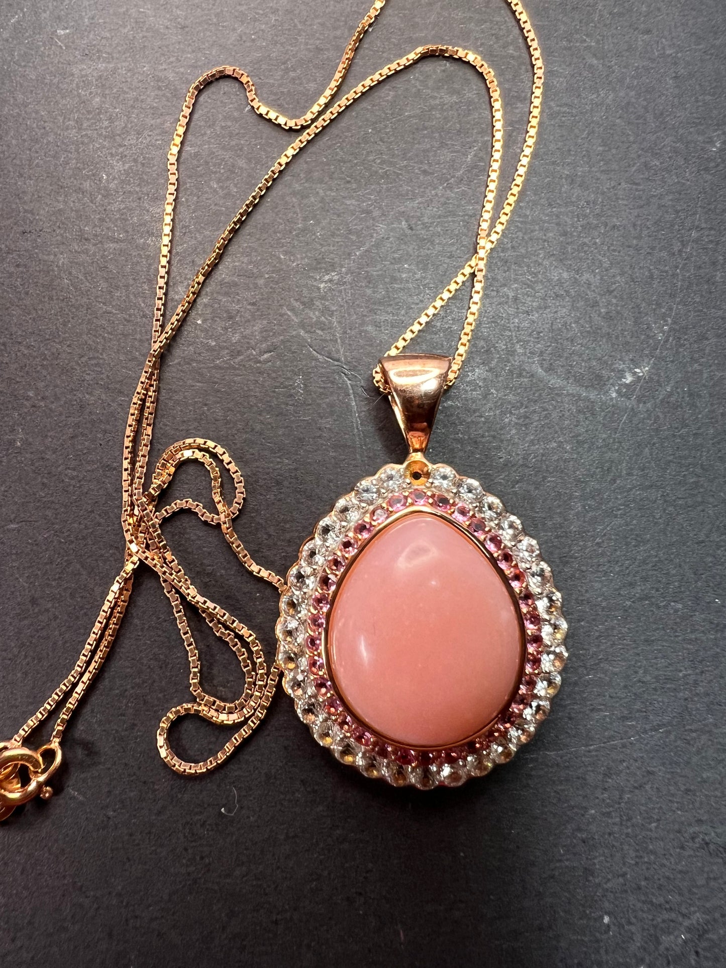 Pink opal, pink tourmaline and white topaz pendant necklace rose gold over sterling 18 inch chain