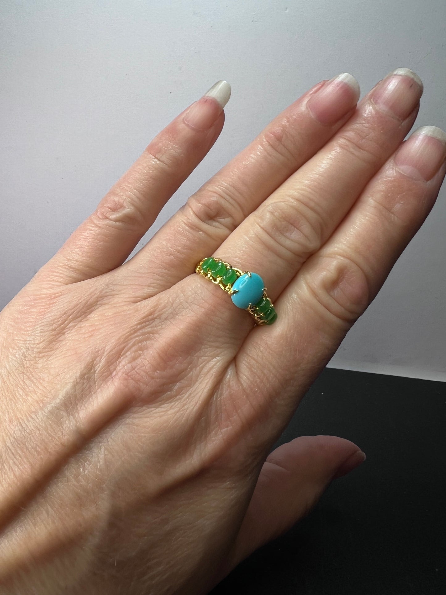 Sleeping Beauty turquoise and green jade 14k gold over silver ring size 9