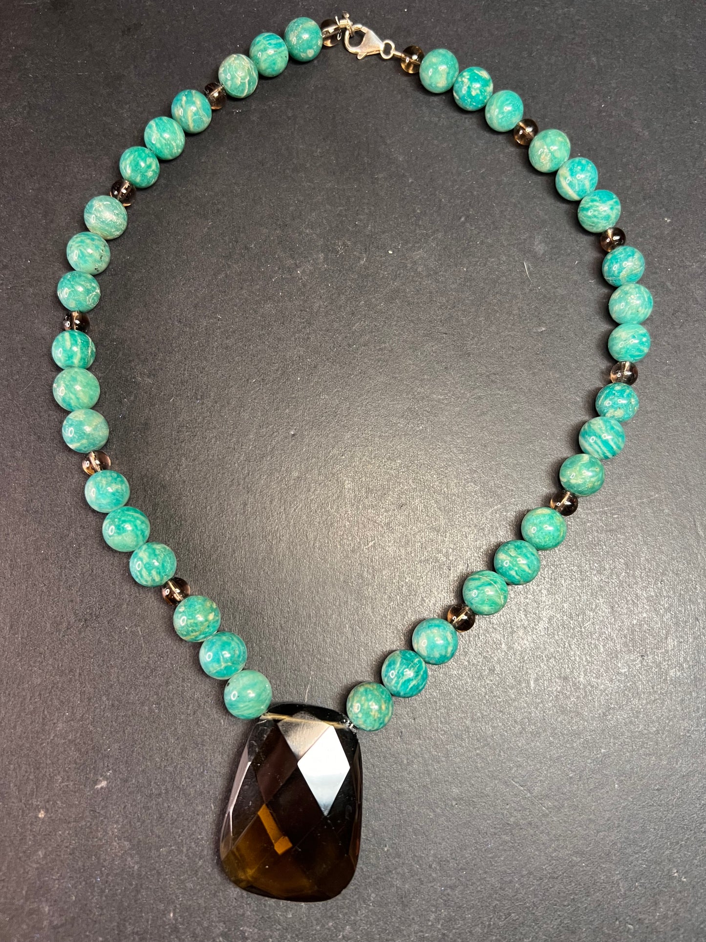 Russian amazonite and smoky quartz necklace with sterling silver clasp