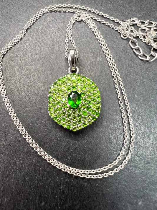 Chrome Diopside Sterling Silver Halo Pendant Necklace 18-20”