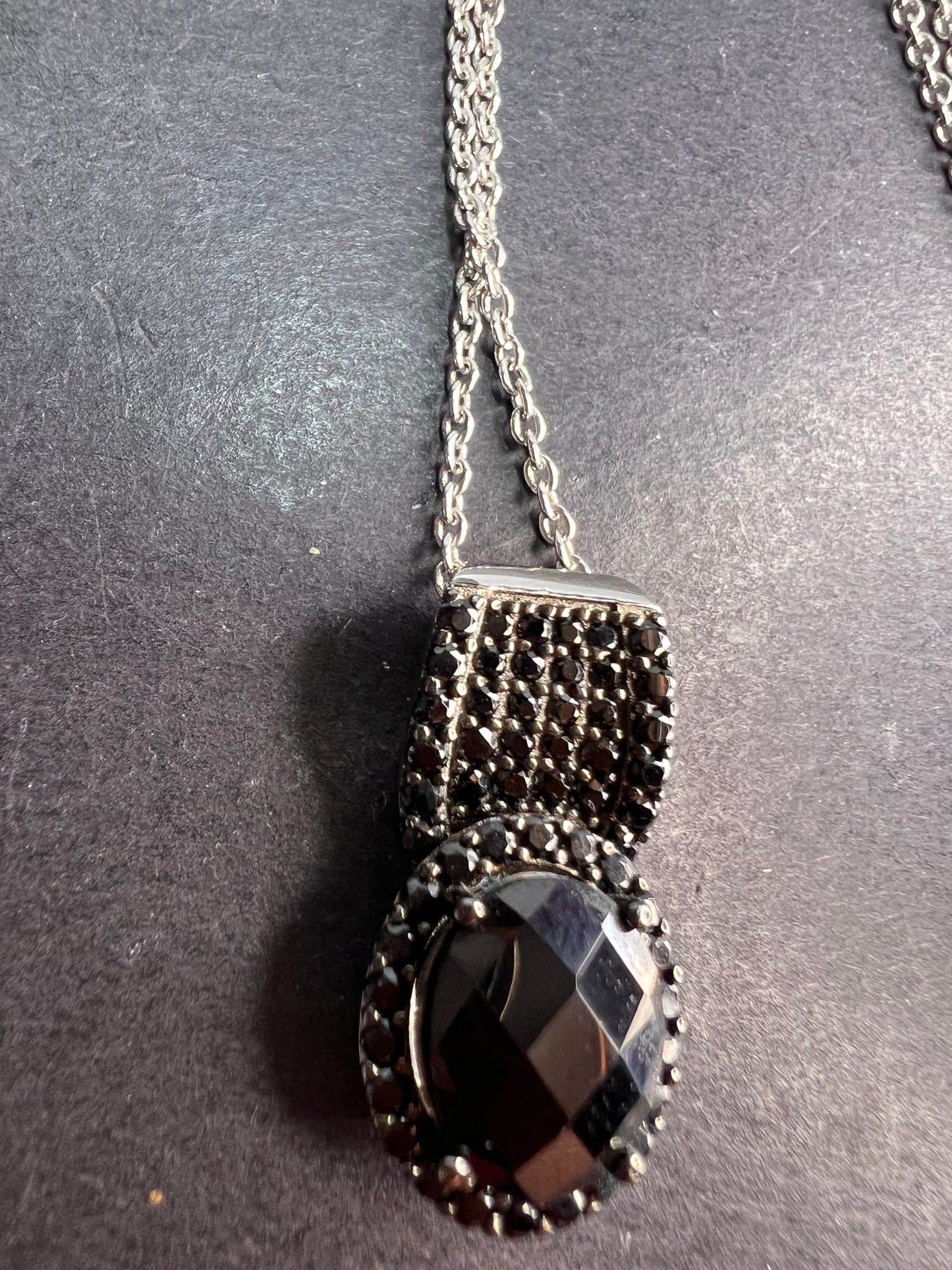 Black spinel pendant and chain necklace in rhodium over sterling silver