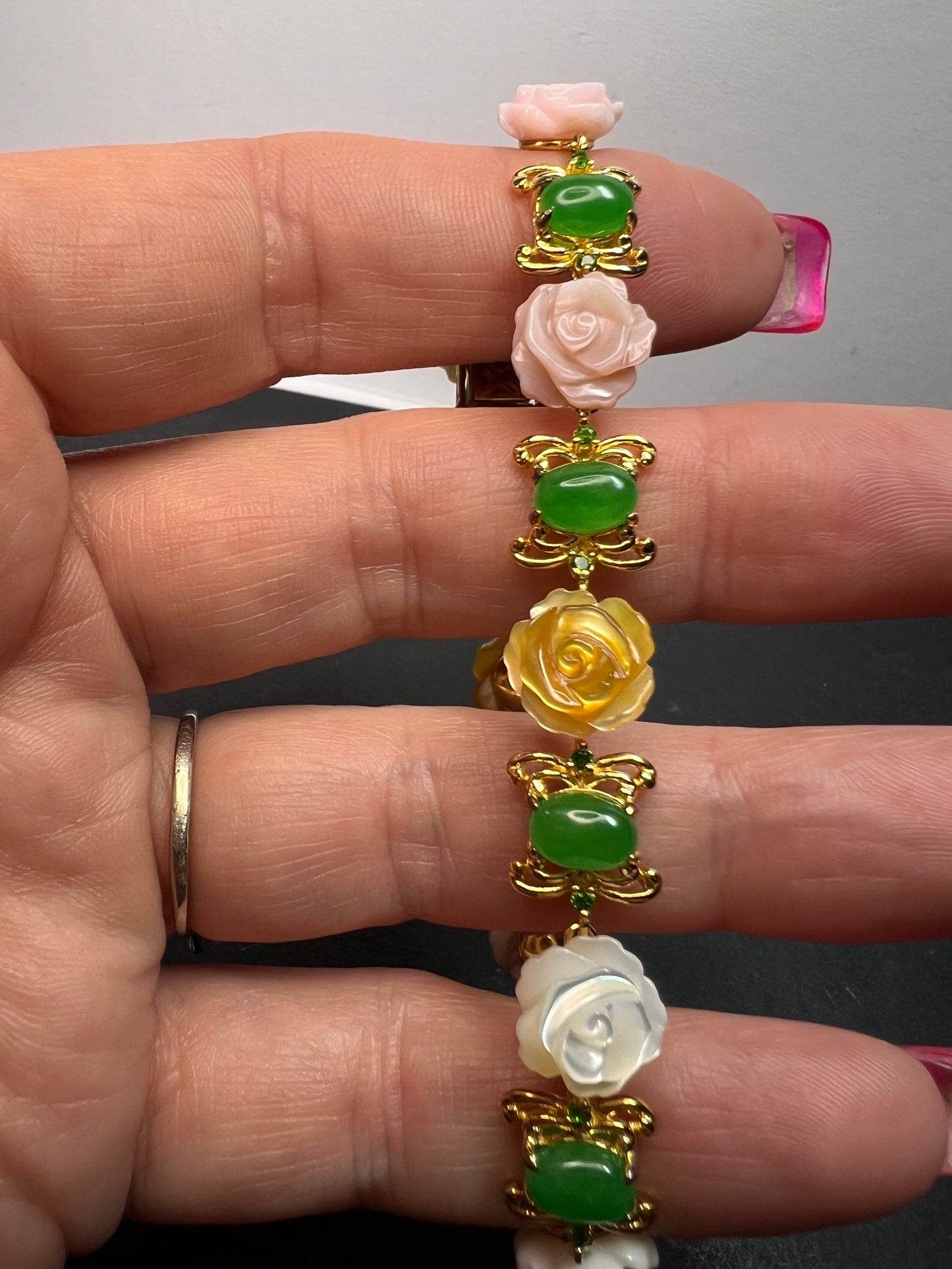 Mother of pearl roses , jade and chrome diopside bracelet in gold over sterling silver 7.5 inches