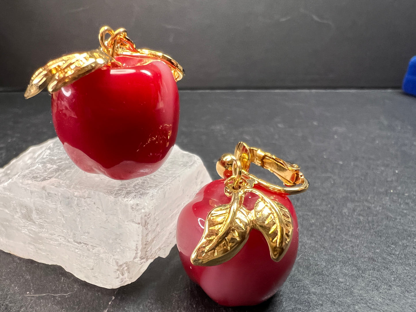 Avon "Apple A Day" Vintage Clip Earrings | Red Lucite Dangle Costume Jewelry