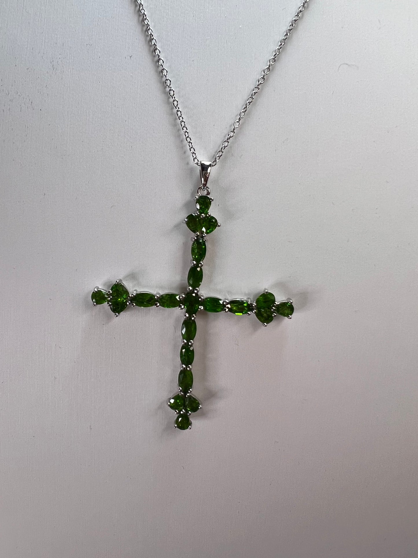 Chrome diopside cross pendant and chain in sterling silver