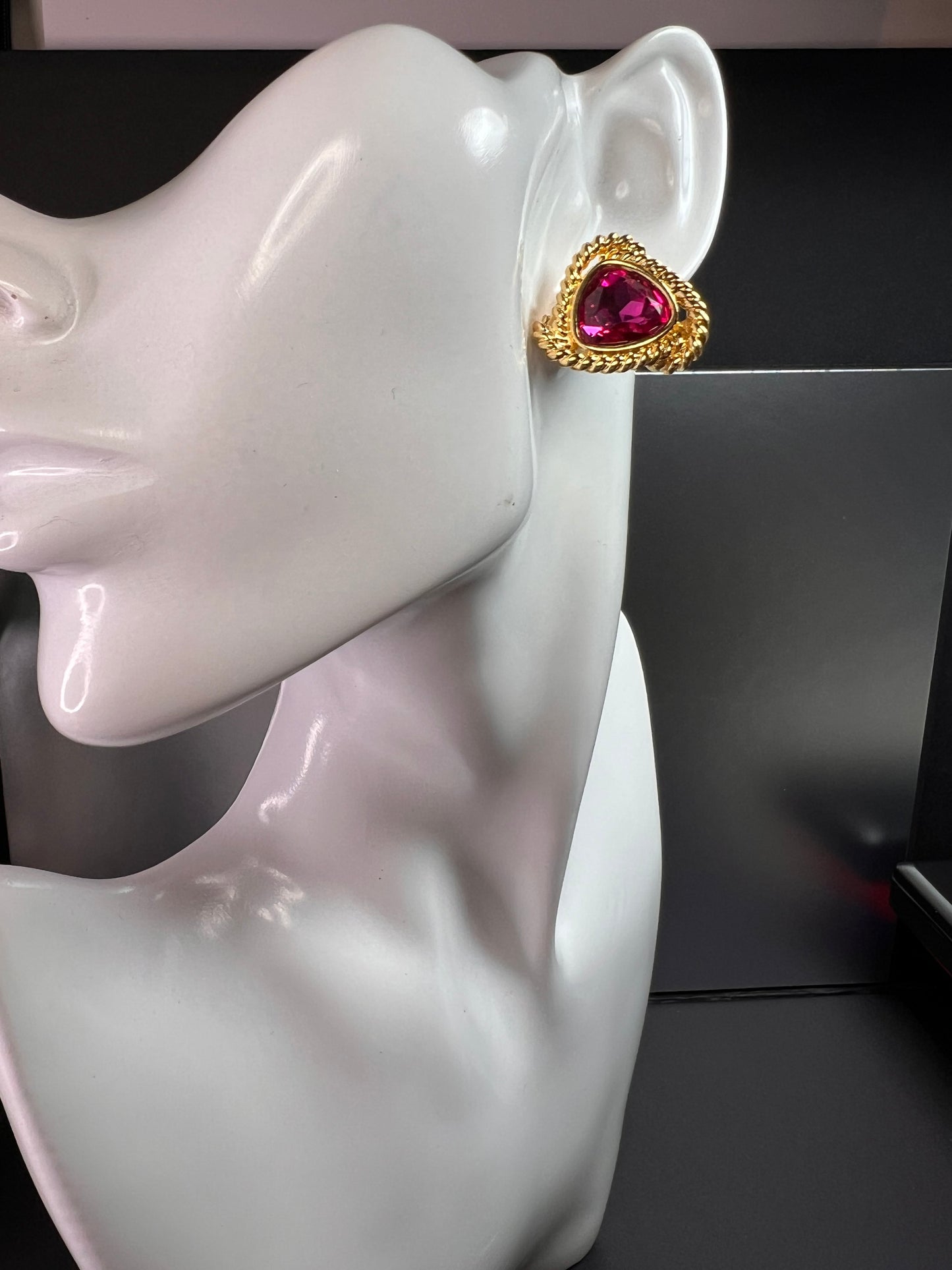 Vintage Swarovski Magenta Crystal Gold Tone Rope Post Earrings