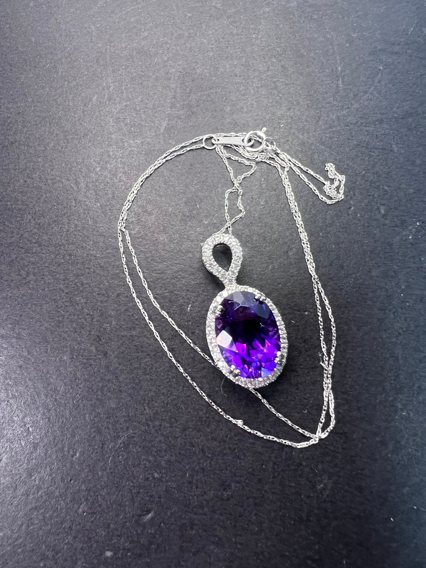 African amethyst 10k white gold and topaz halo pendant and chain necklace