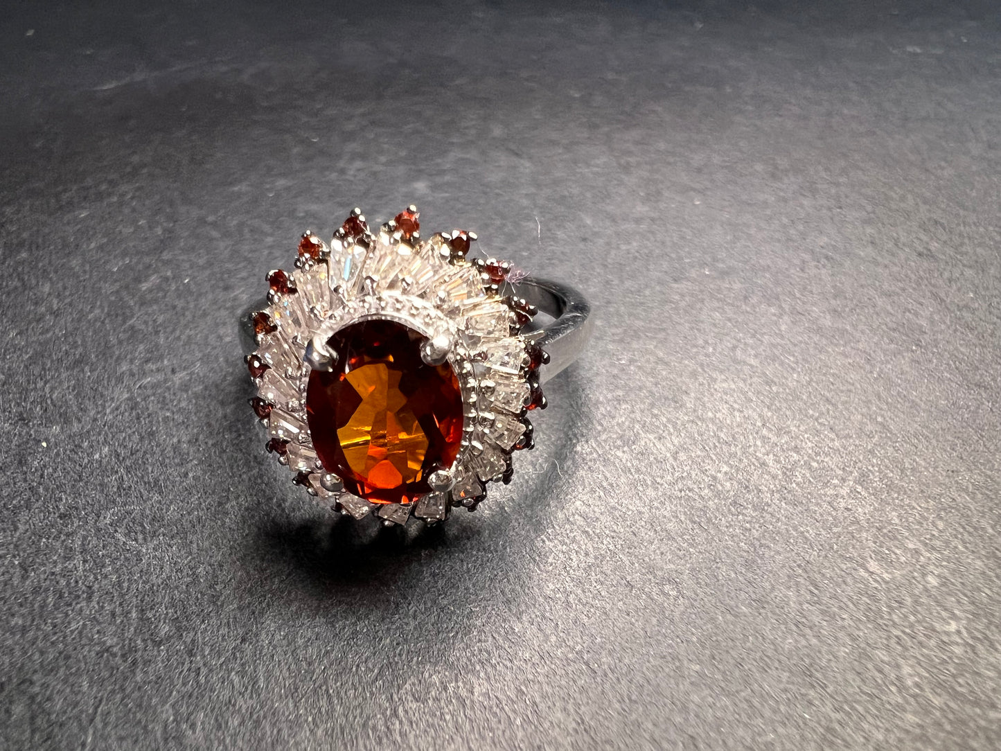 NEW Cherry citrine and Moissanite halo ring in platinum over sterling silver size 8
