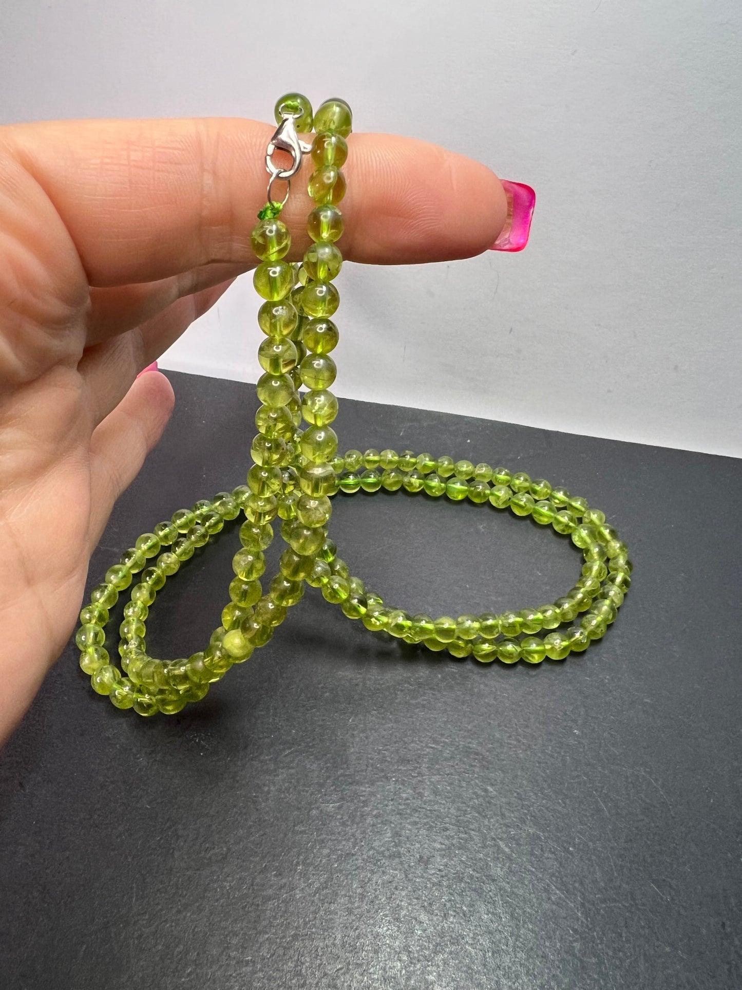 6mm high grade peridot beaded 36 inch necklace with sterling silver clasp