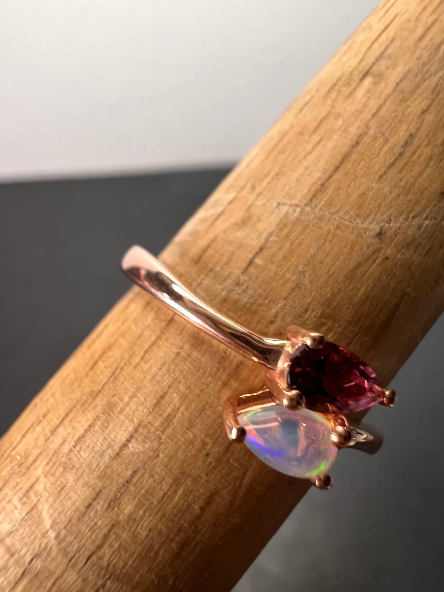 Rubellite and Ethiopian welo opal bypass ring in rose gold vermeil over sterling silver size 7. .35ctw