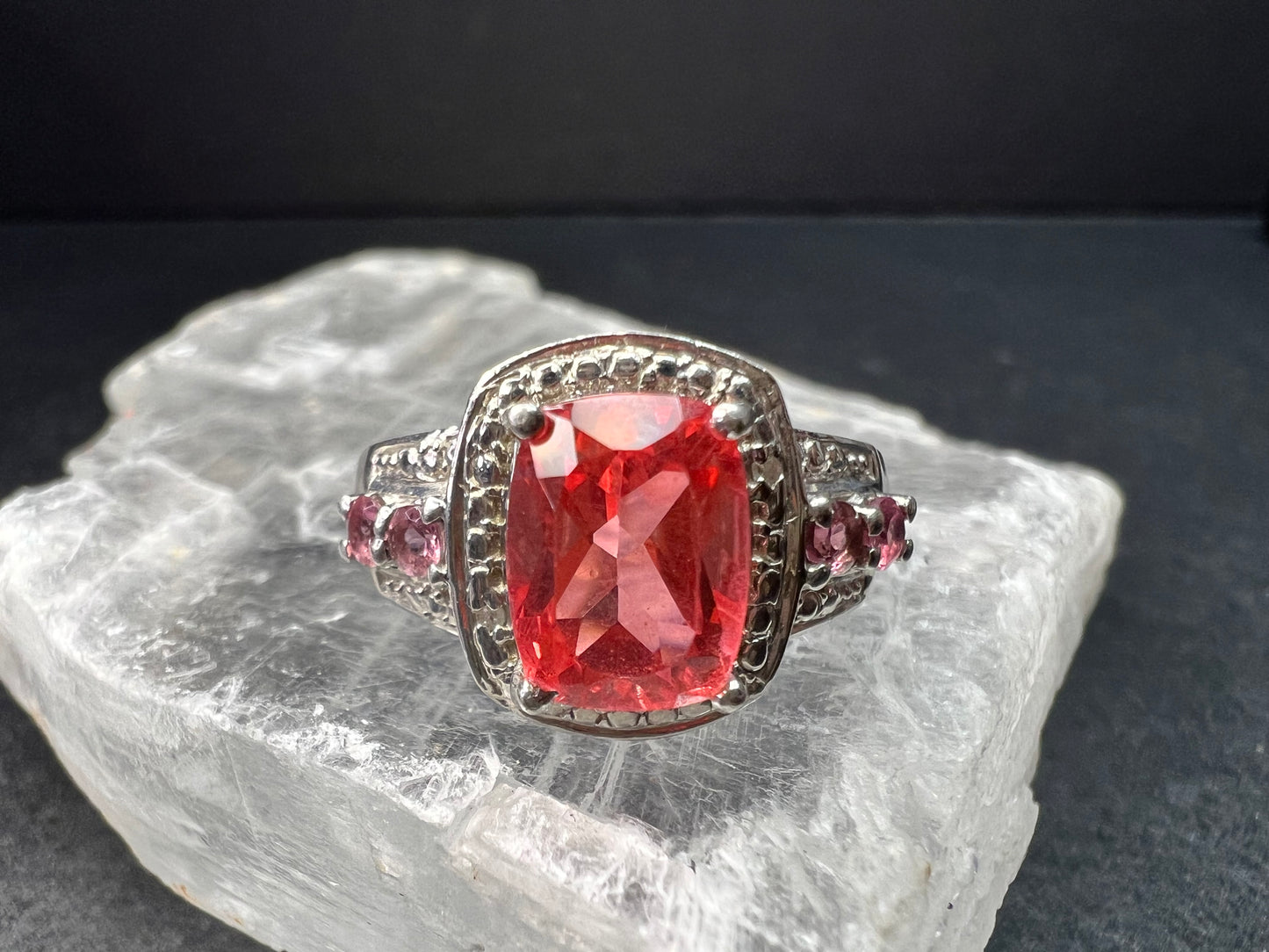 Sterling Silver Peach Red Quartz Doublet & Pink Tourmaline Ring 8.75