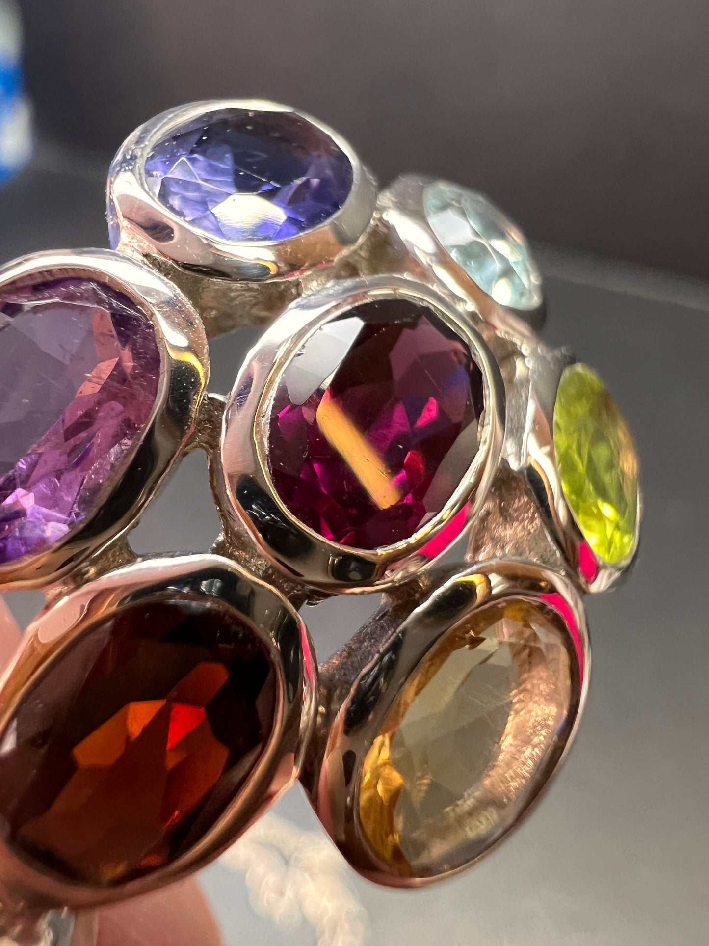 Vintage multi gemstone cluster pendant necklace in sterling silver