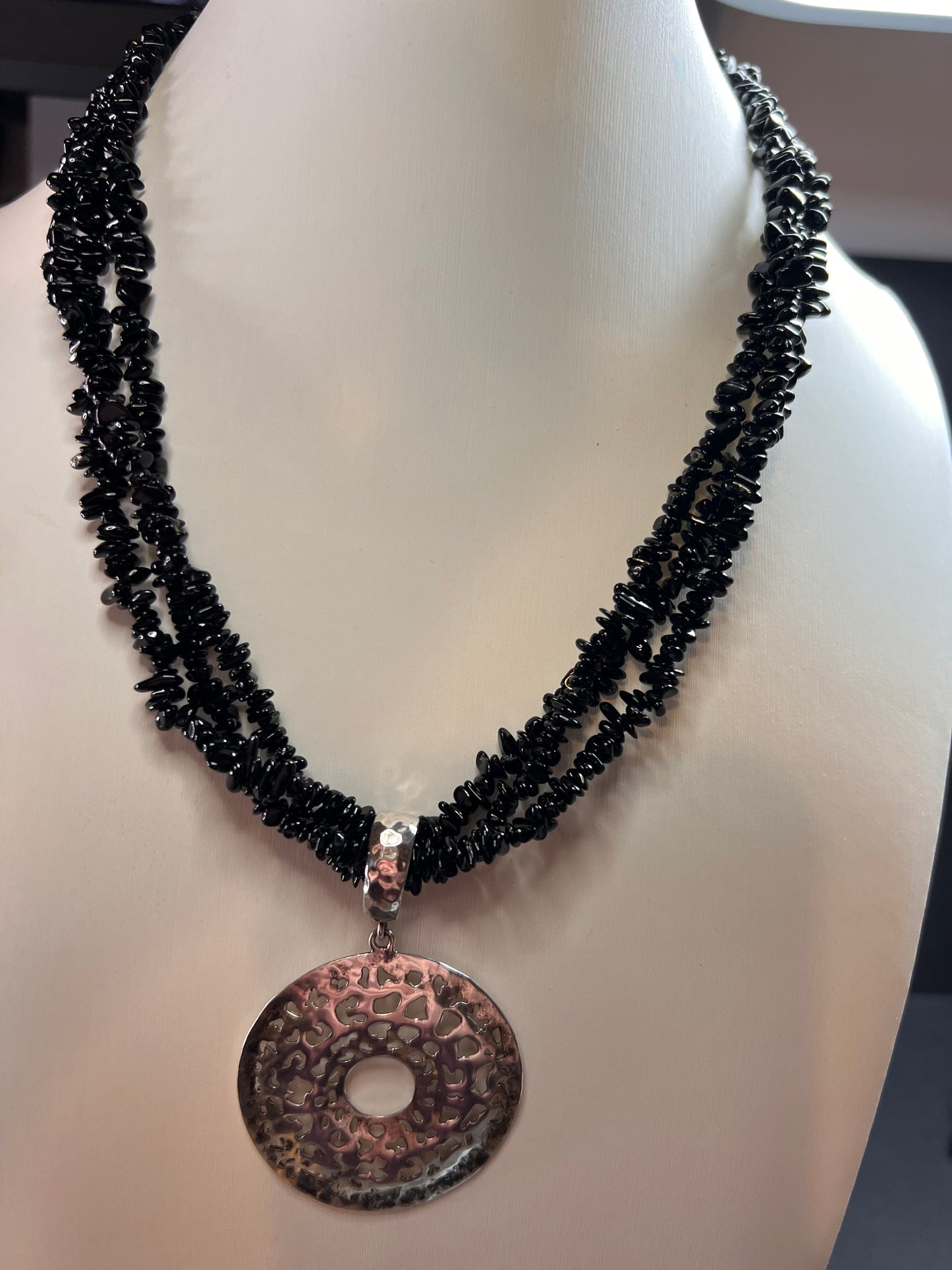 NEW Black tourmaline multi strand sterling silver necklace
