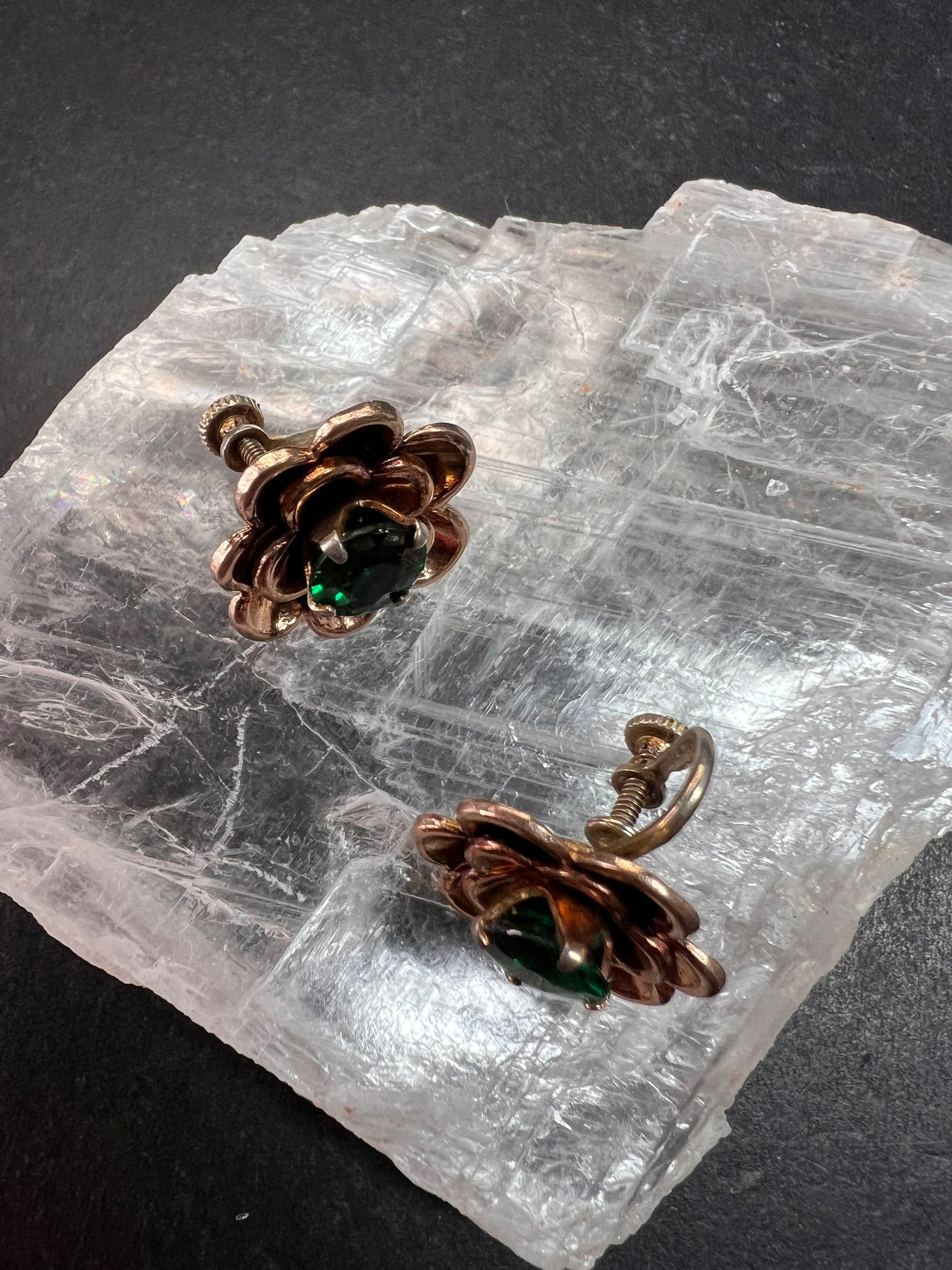 Vintage 1940s Vermeil Flower Screw Back Green Paste Earrings