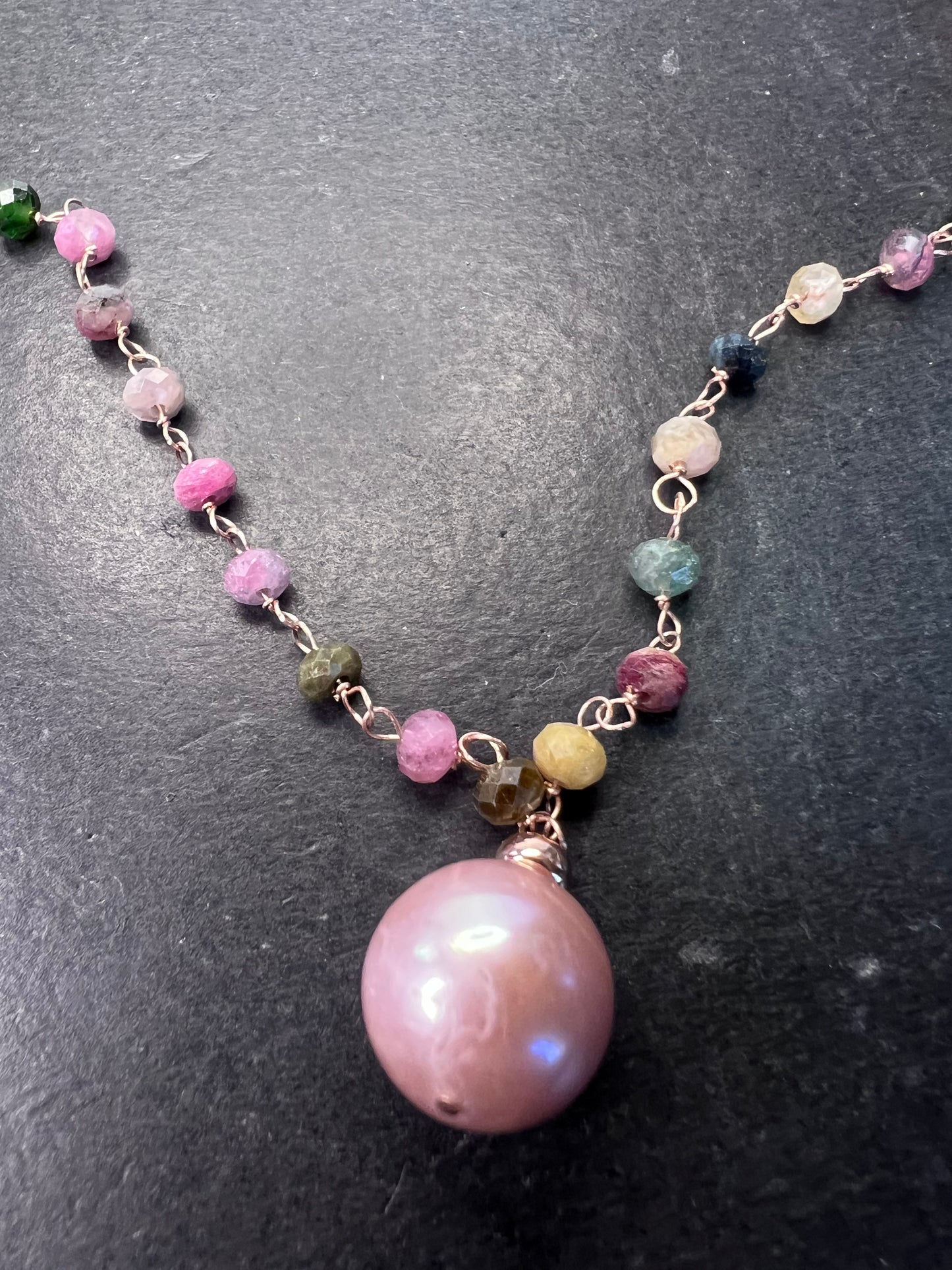 12-12.5mm Pink Cultured Freshwater Pearl & Tourmaline 18k Rose Gold Over Silver 18 Inch Necklace