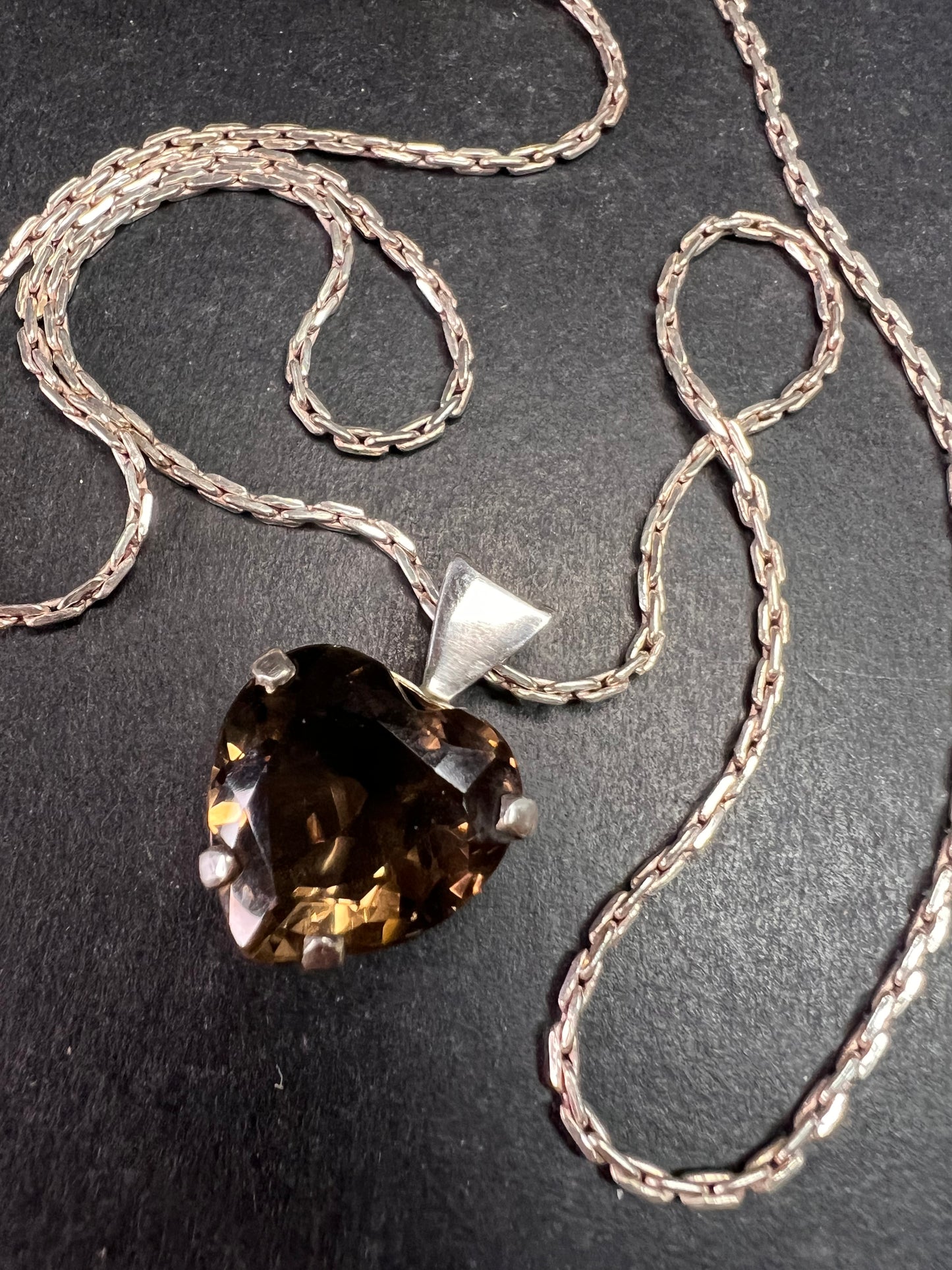 Vintage Smoky Quartz Heart Pendant Necklace Sterling Silver 20”