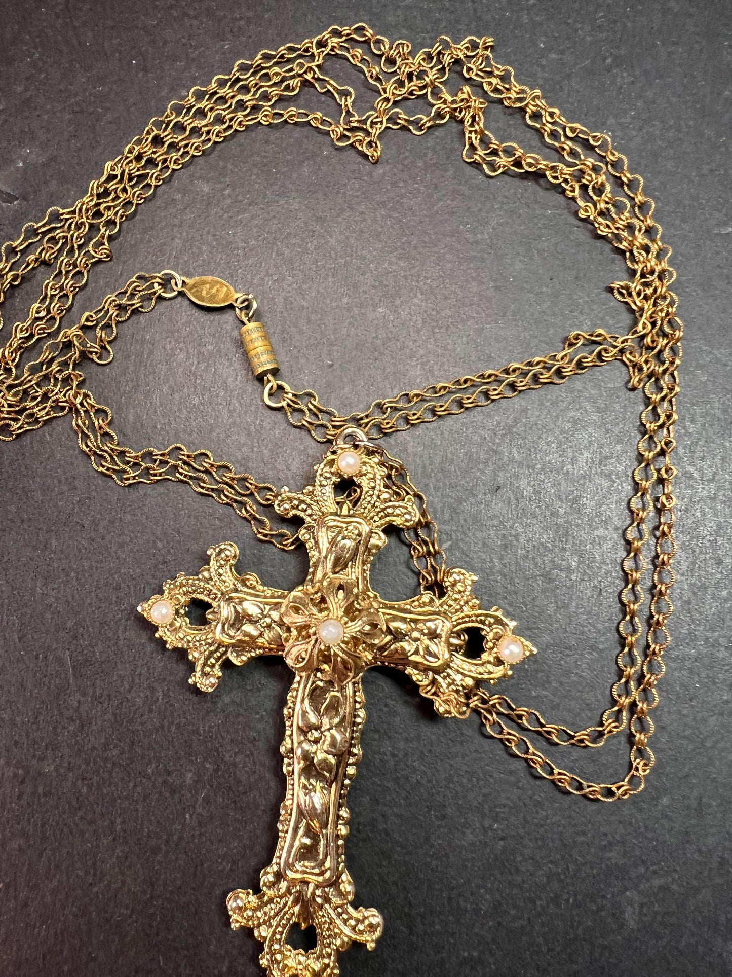 Vintage 1928 Gold Tone Cross Pendant Necklace with Faux Pearls – Long Chain Statement Jewelry