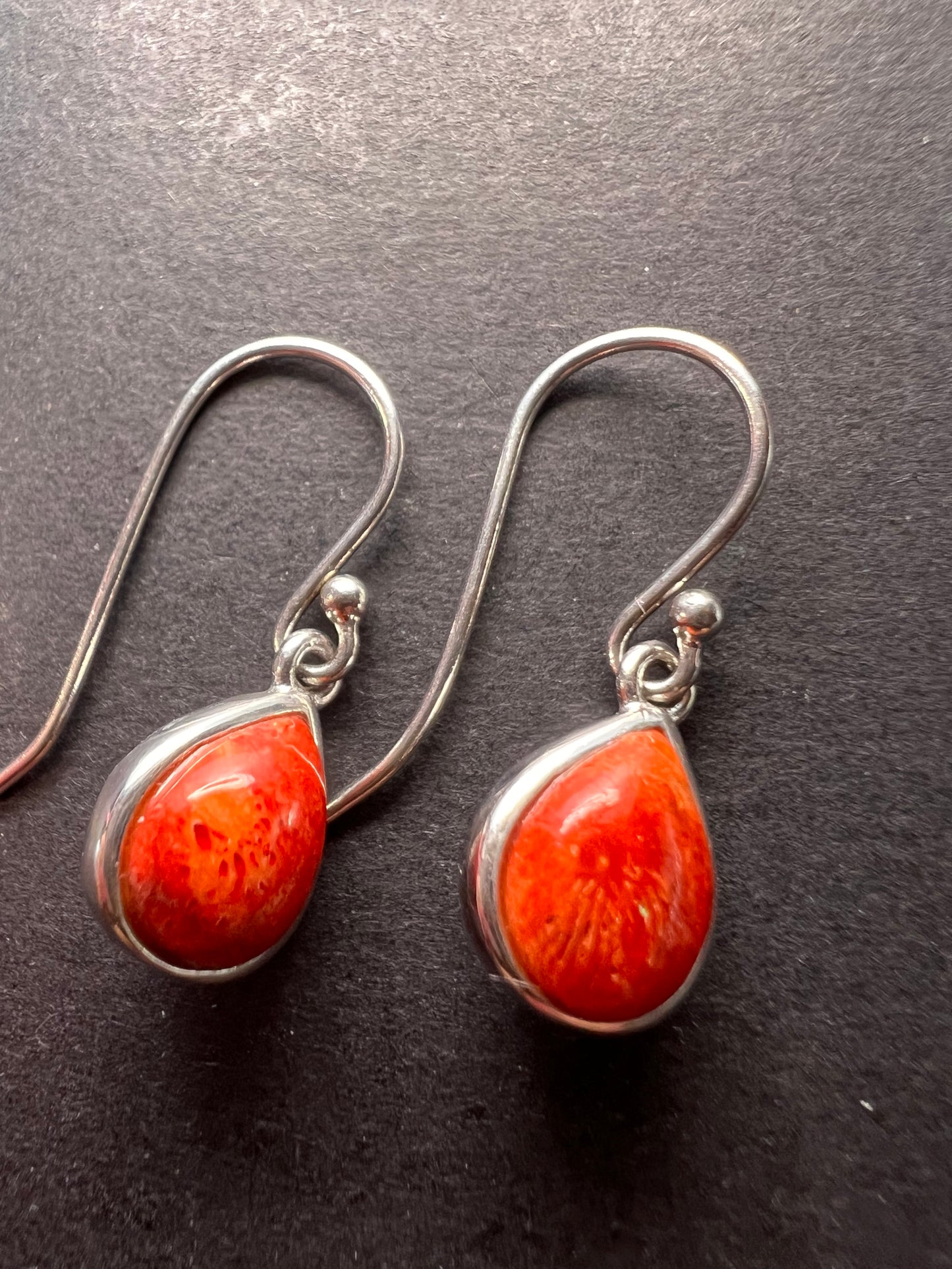 Red sponge coral sterling silver teardrop earrings