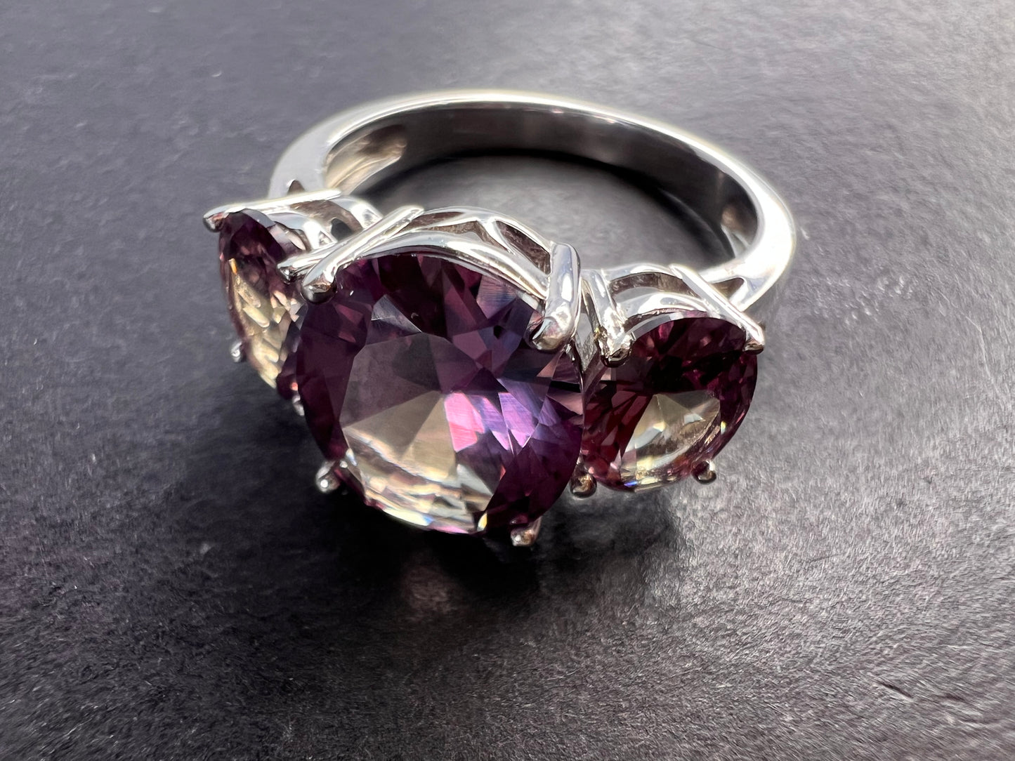 Lab created alexandrite trilogy ring in rhodium over sterling silver size 9