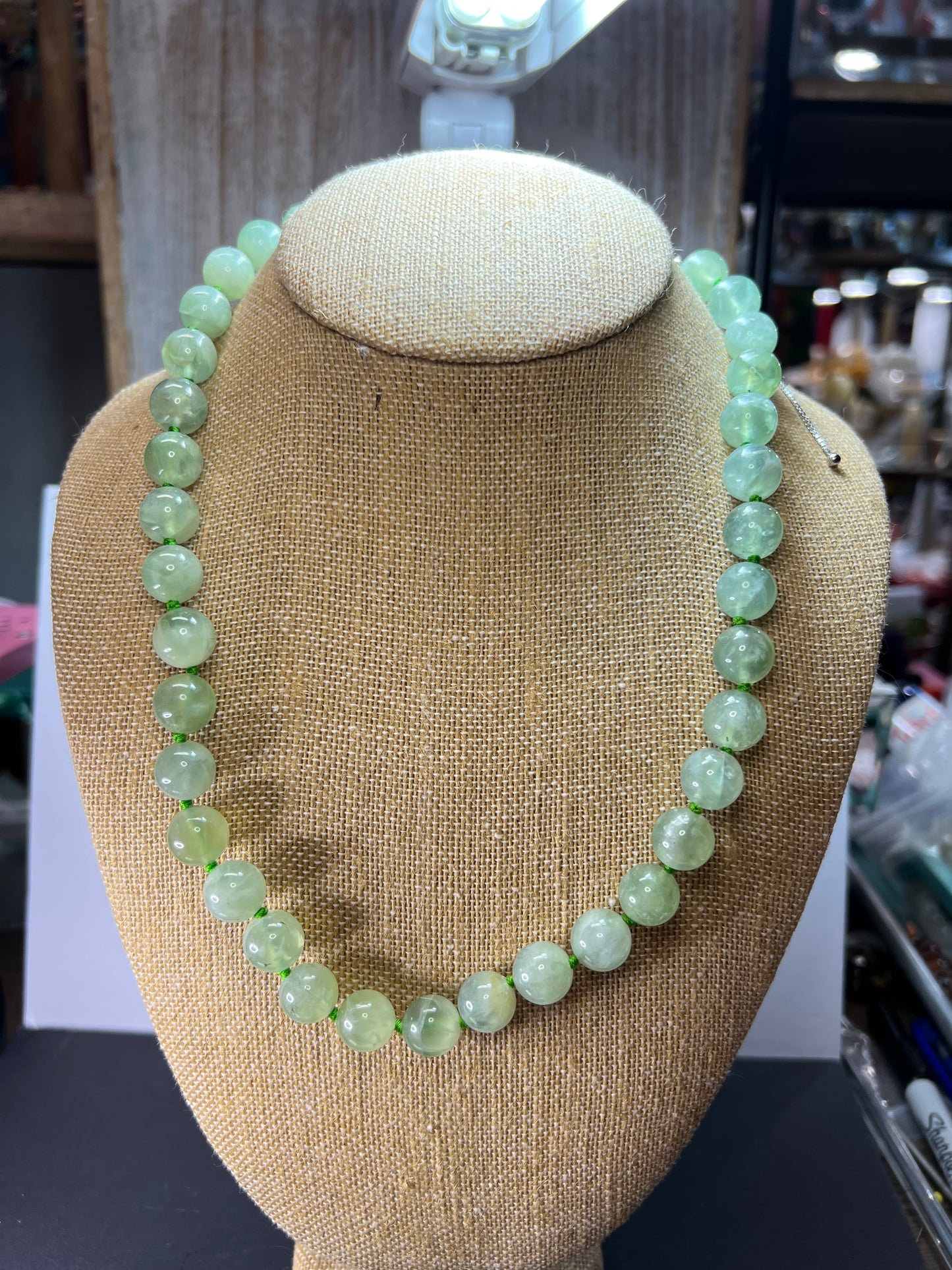 Prehnite knotted sterling silver bolo necklace