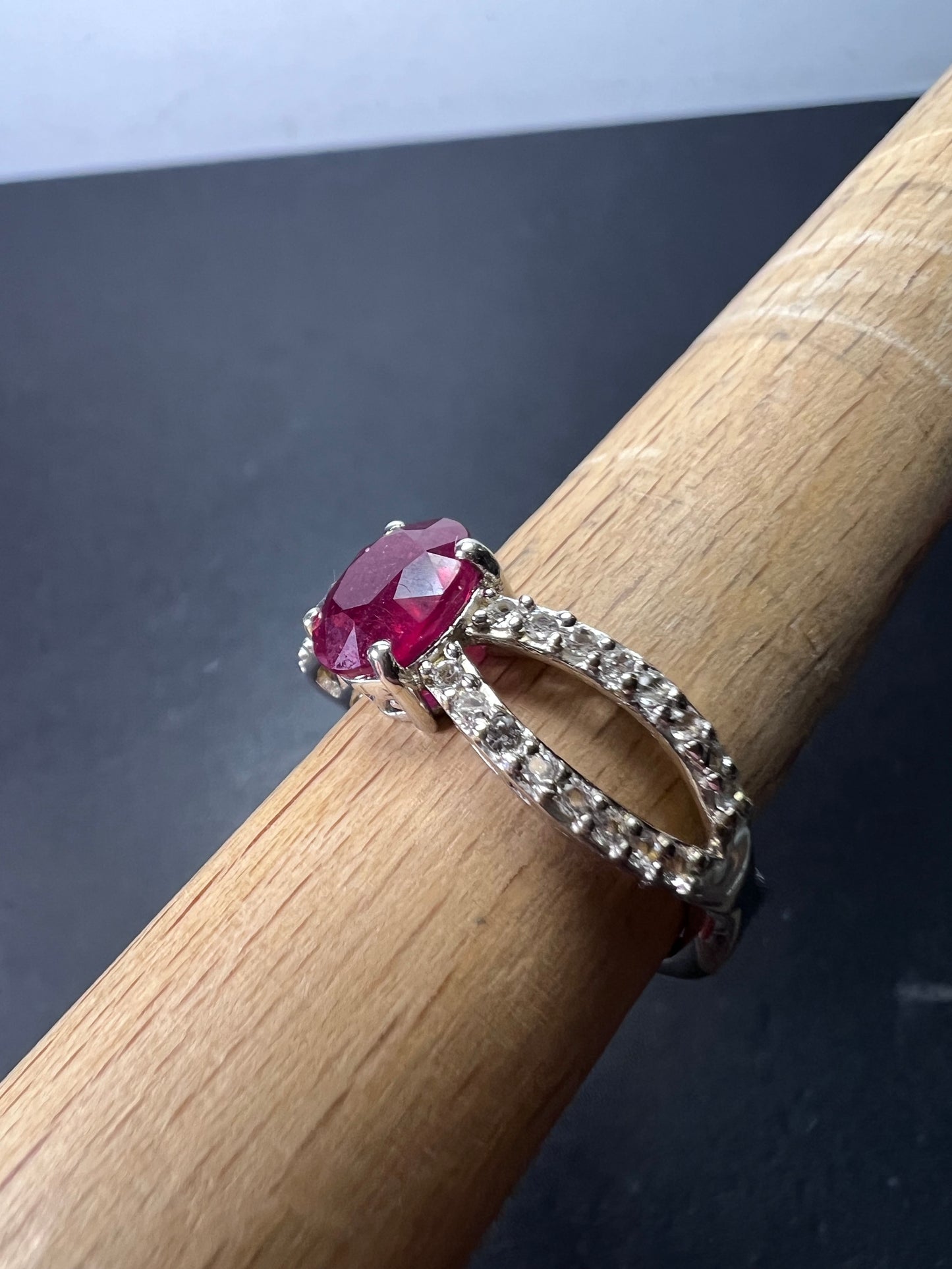 Ruby and zircon crisscross sterling silver ring size 9