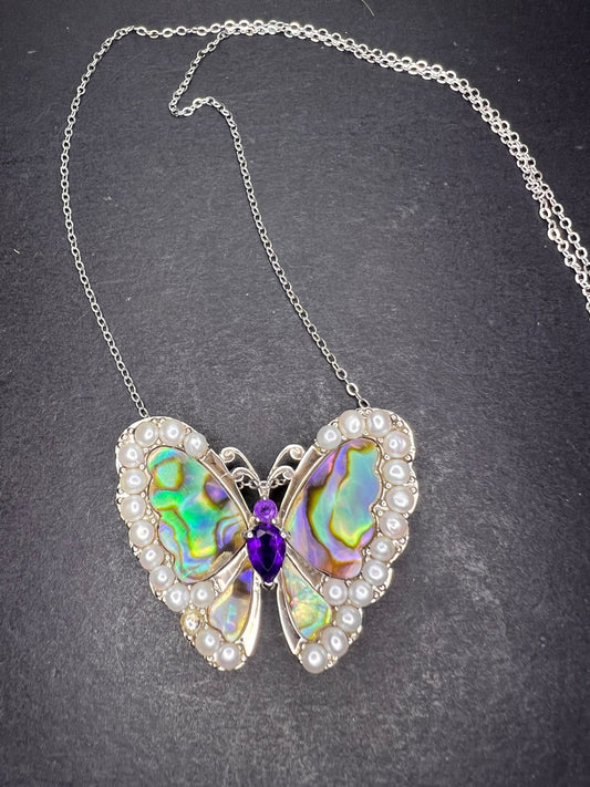 Abalone, amethyst and pearl butterfly sterling silver necklace