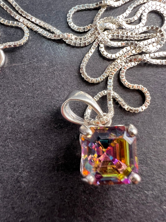 Mystic multi colored quartz gem pendant in sterling silver with chain