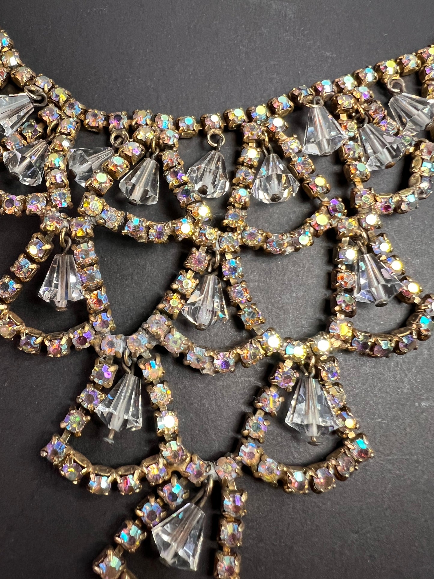 Vintage AB Rhinestone Bib Necklace Clear Glass Dangles Gold Tone